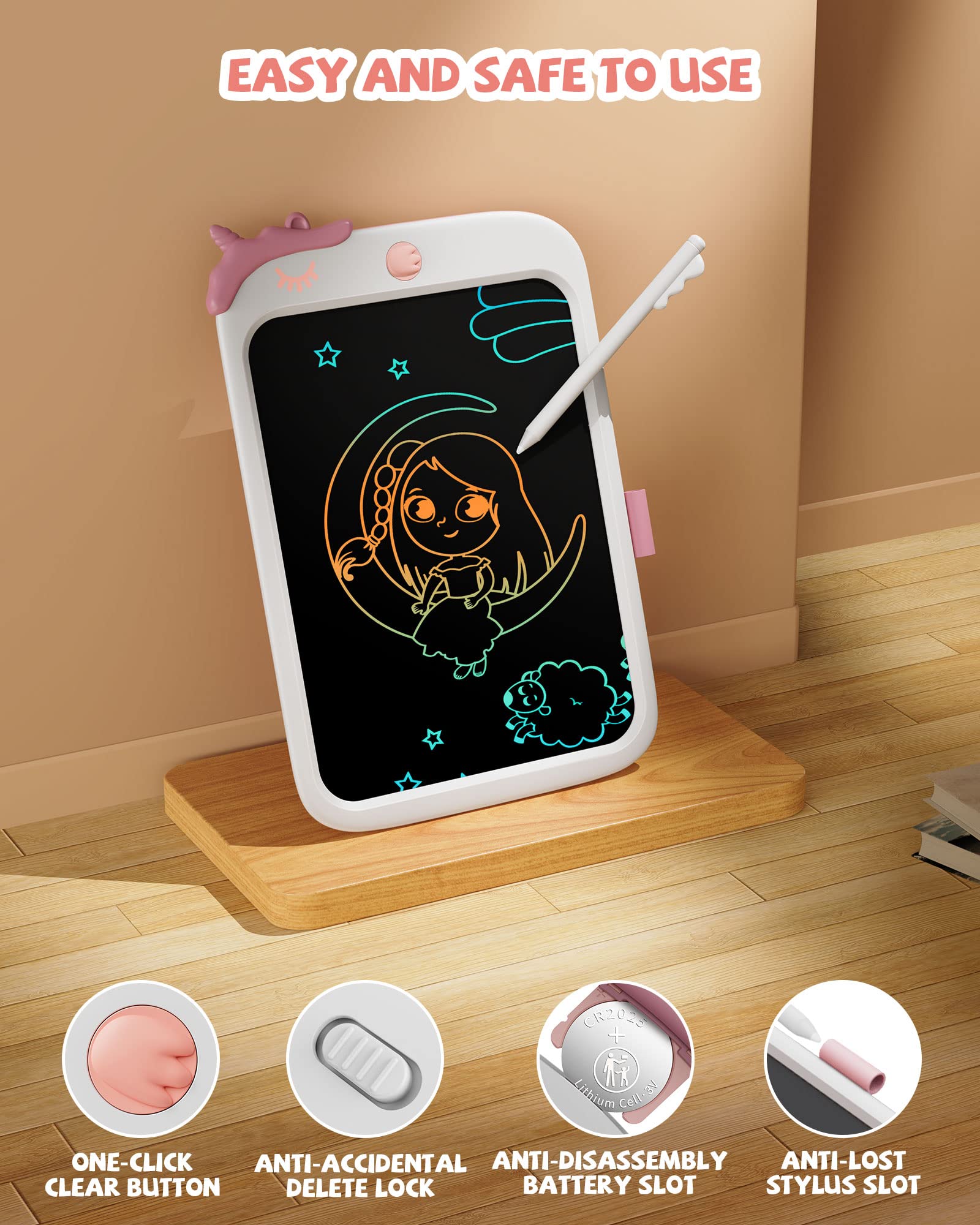 Lavagna LCD giocattolo unicorno per bambini, 10 pollici, blocco da disegno con funzione di blocco, portatile, regalo educativo per bambini da 3, 4, 5, 6, 7 anni (Bianco)