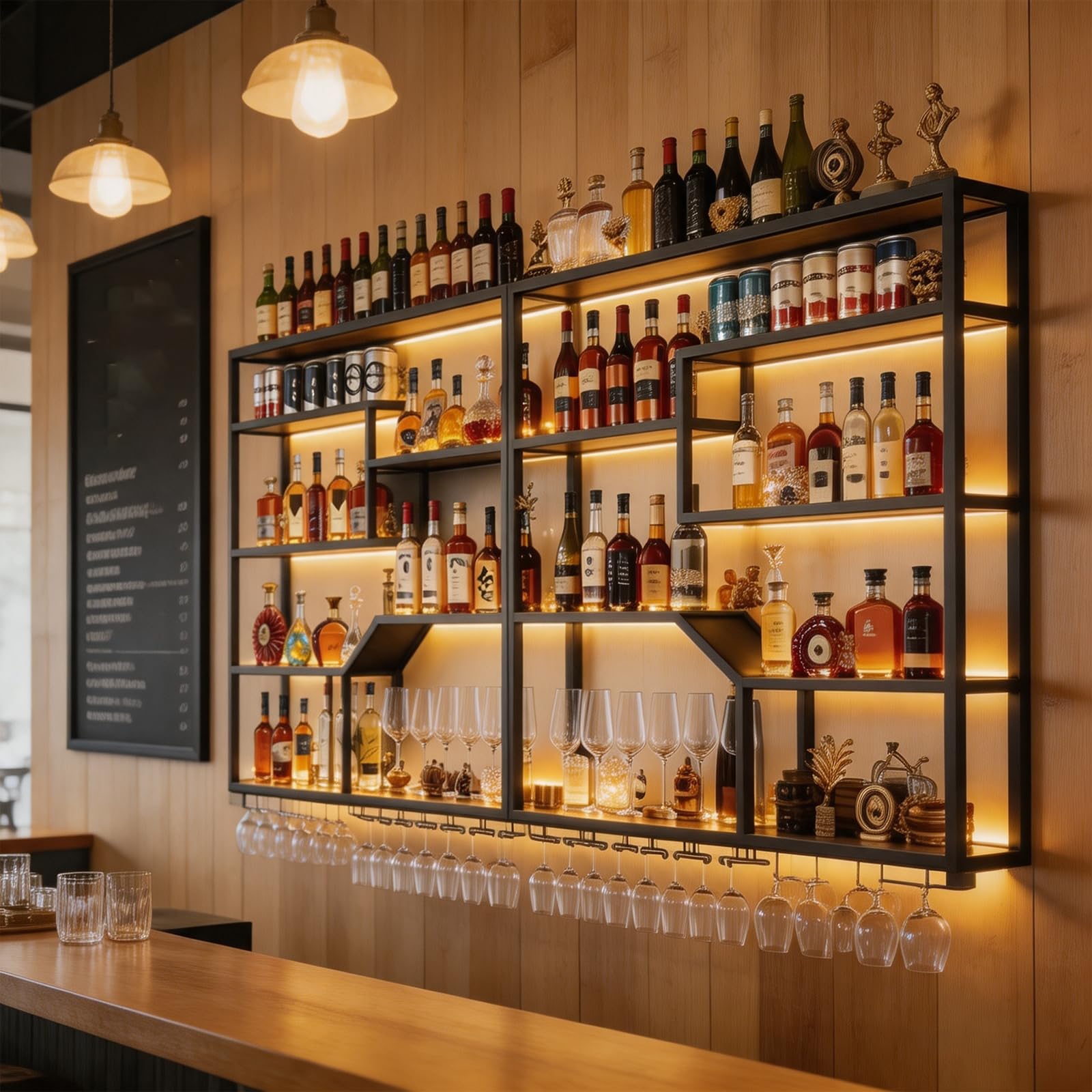 Botellero Modular de Pared con luz LED (Negro, 200CM) | Botellero de pared LED modular, 4 niveles, hierro y nogal; hasta 200 botellas; largo 200-300 cm; portacopas incluido