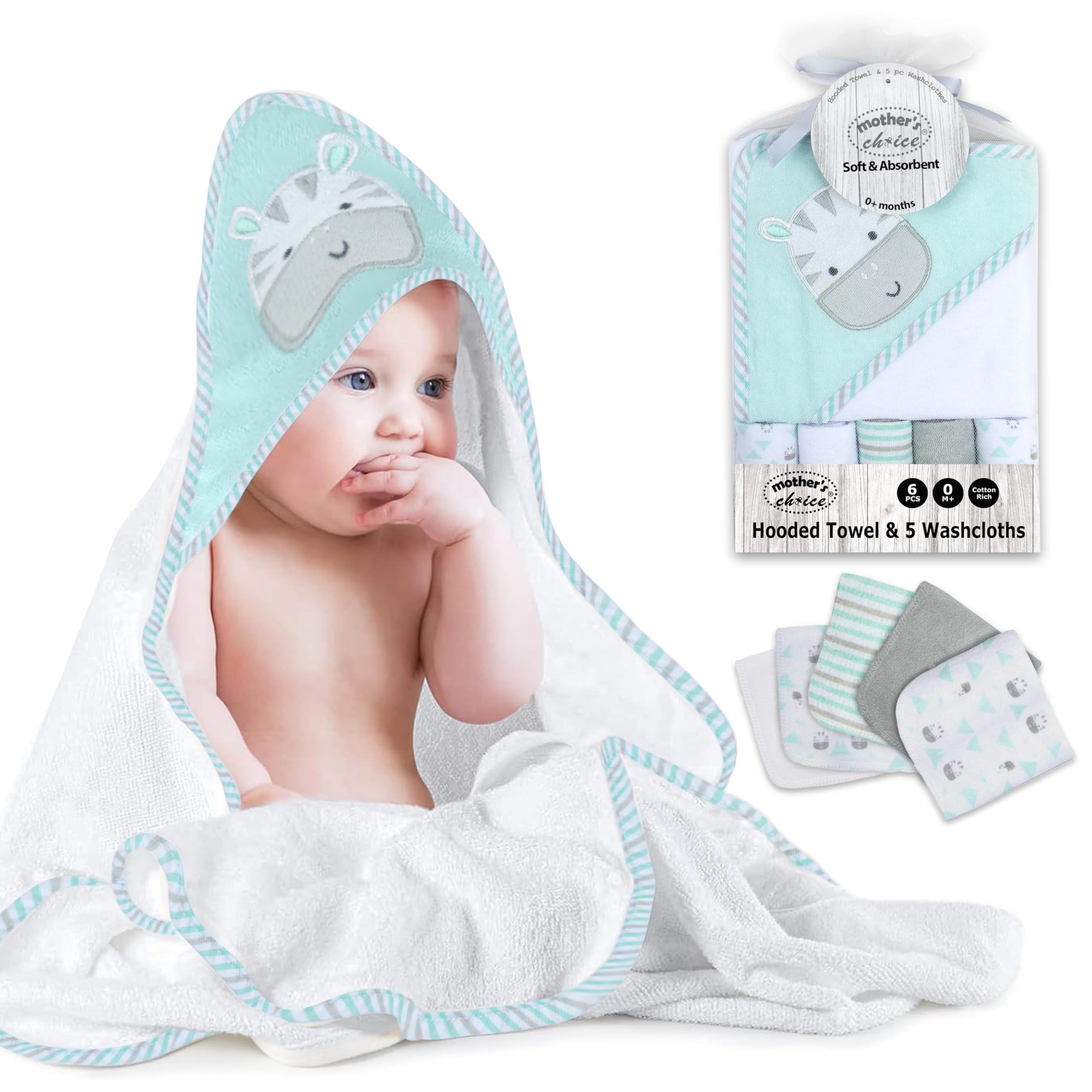 Hooded Baby Towel with Face Cloth - 100% Cotton Ultra Soft, Quick Dry and Absorbent - Large Towel for Newborn and Toddler - (75x75cm) Set 6 Pcs - Blue/White - Zebra