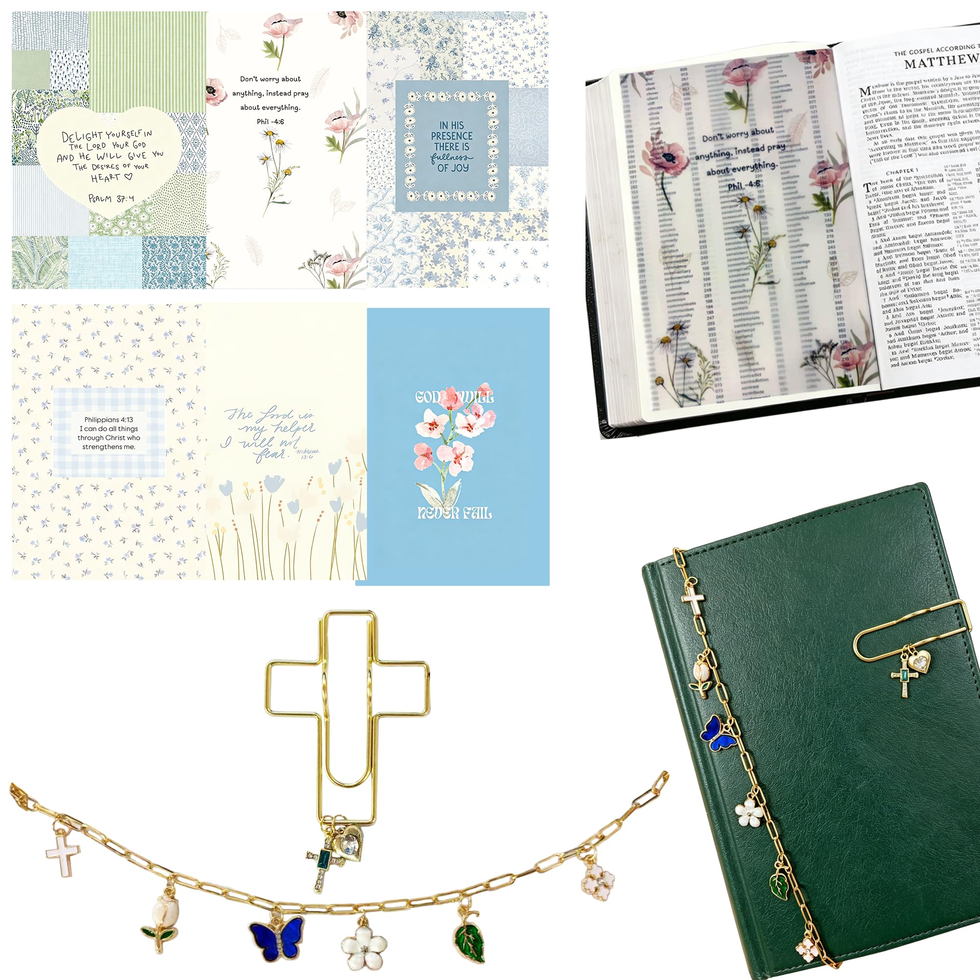 Bible Inserts Gift Set for Scripture Journaling, 6 Pcs Translucent Vellum Tip-Ins Page Overlays, Bible Charm Chain, Pen Holder with Charms, Bible Study Accessories, Christian Faith Gift (Style-C)