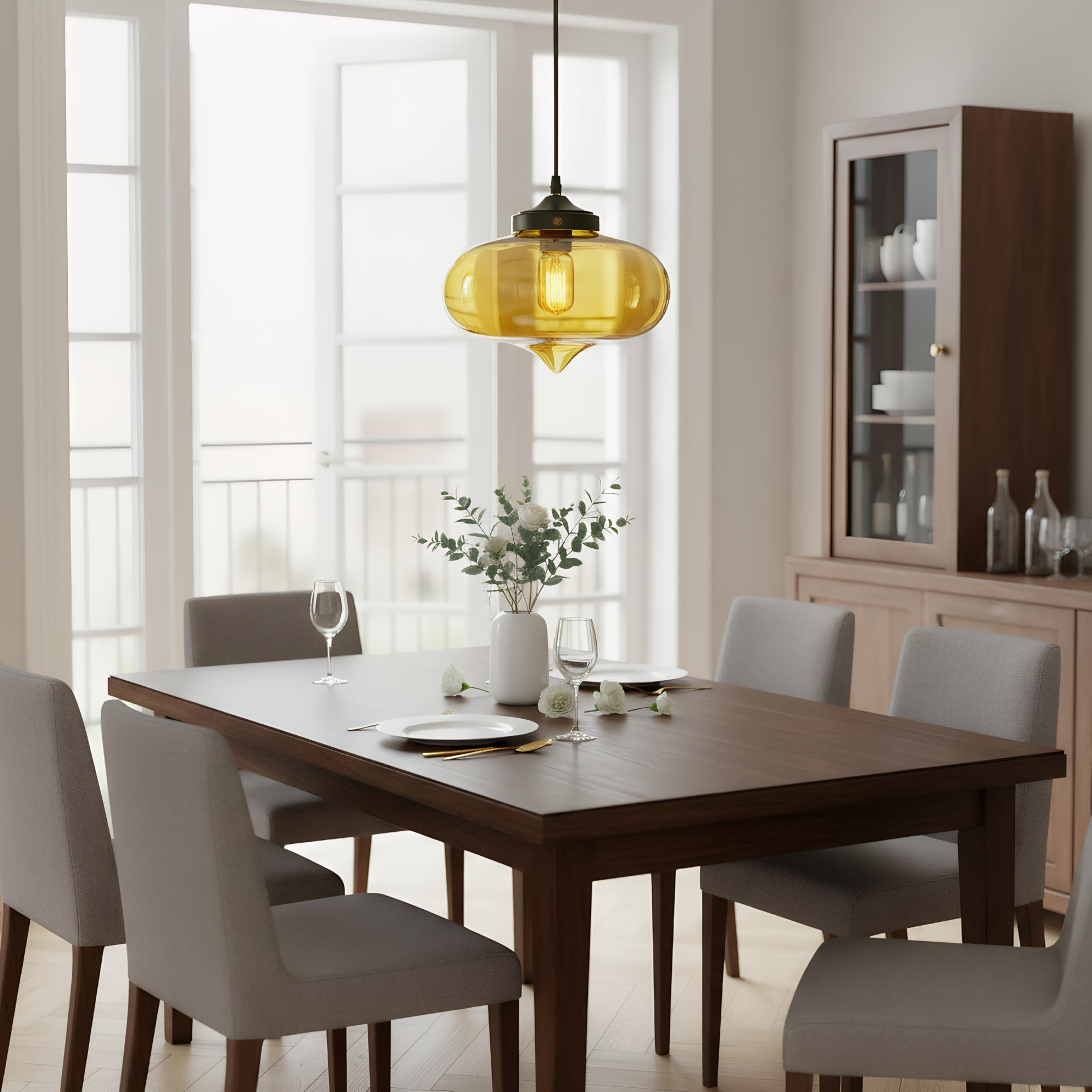 27cm Lampada A Sospensione In Vetro Moderna Con Portalampada In Metallo Nero, Lampadario Da Soffitto Industriale Vintage E27, Per Isola Cucina Sala Da Pranzo Camera Da Letto Bar (Giallo)
