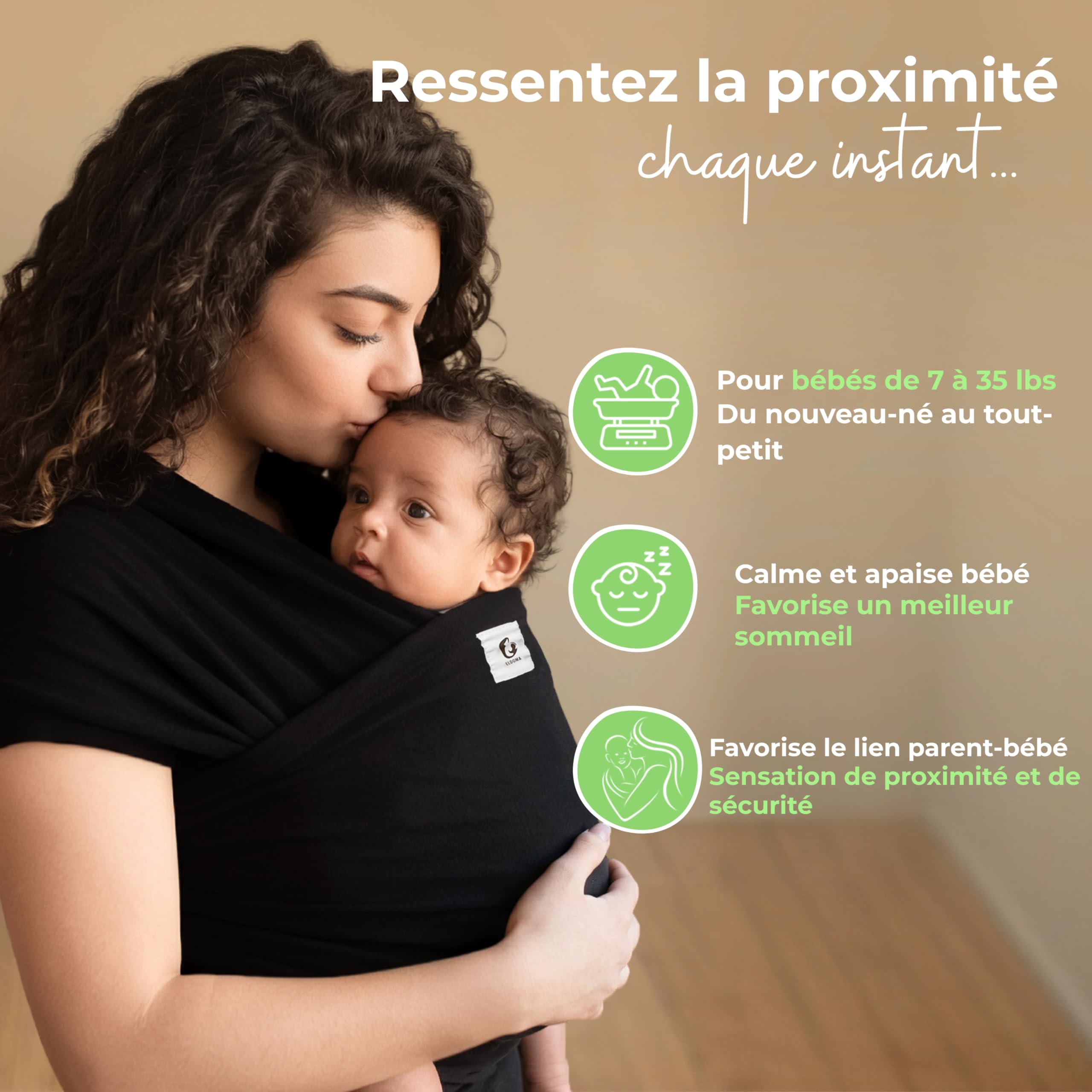 ELDOMA Porte-bébé Noir en Écharpe - Porte-bébé Léger et Respirant, Porte-bébé en Écharpe Mains Libres, Porte-bébés du Nouveau-né au Tout-Petit, (3-15kg / 7-35lbs)
