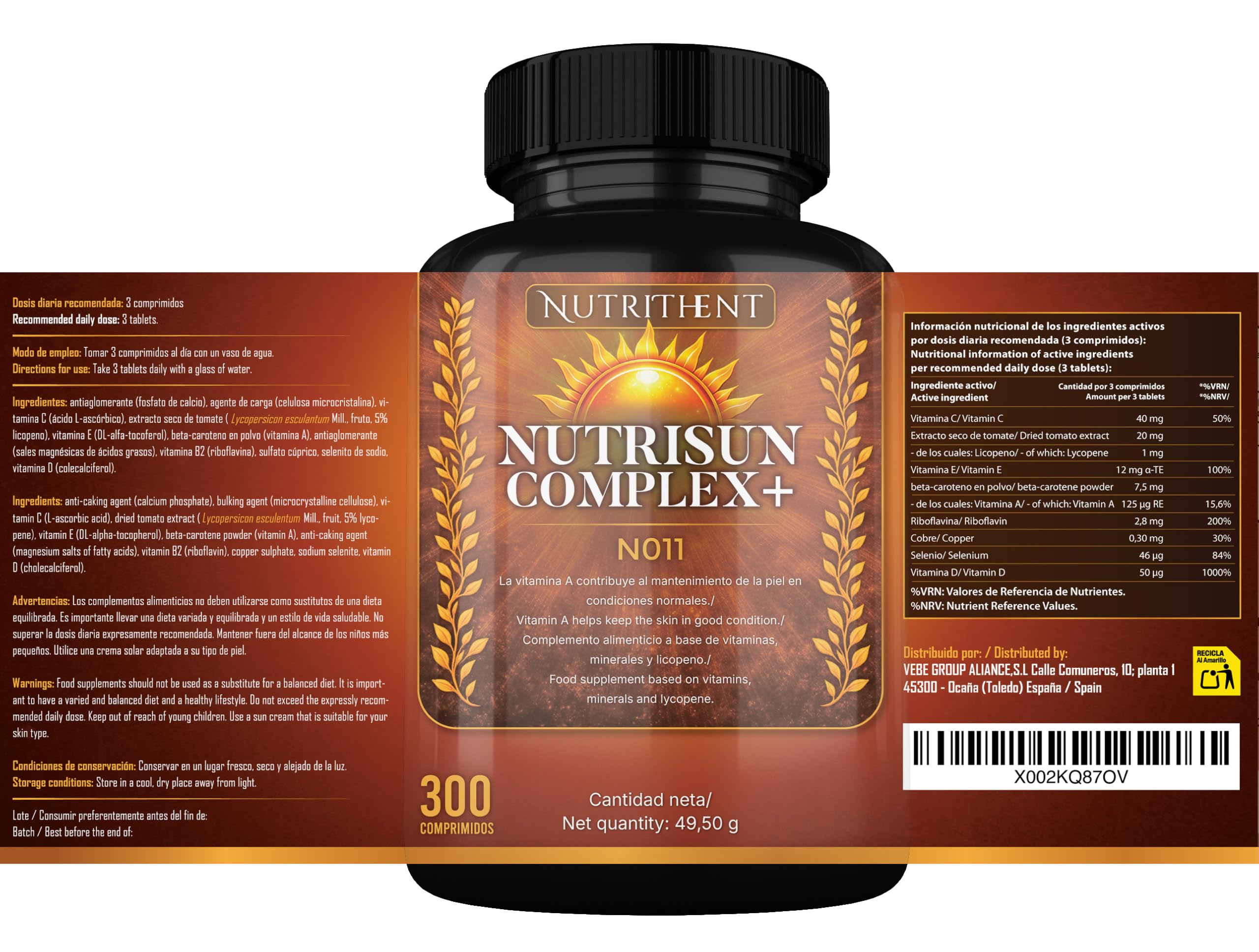 300 Micro Comprimidos Acelerador Bronceado con Betacaroteno, Cobre, Selenio, Licopeno, Extracto Seco de Tomate, Vitamina C,D,E,B | Mantiene y prepara la piel Dorada.
