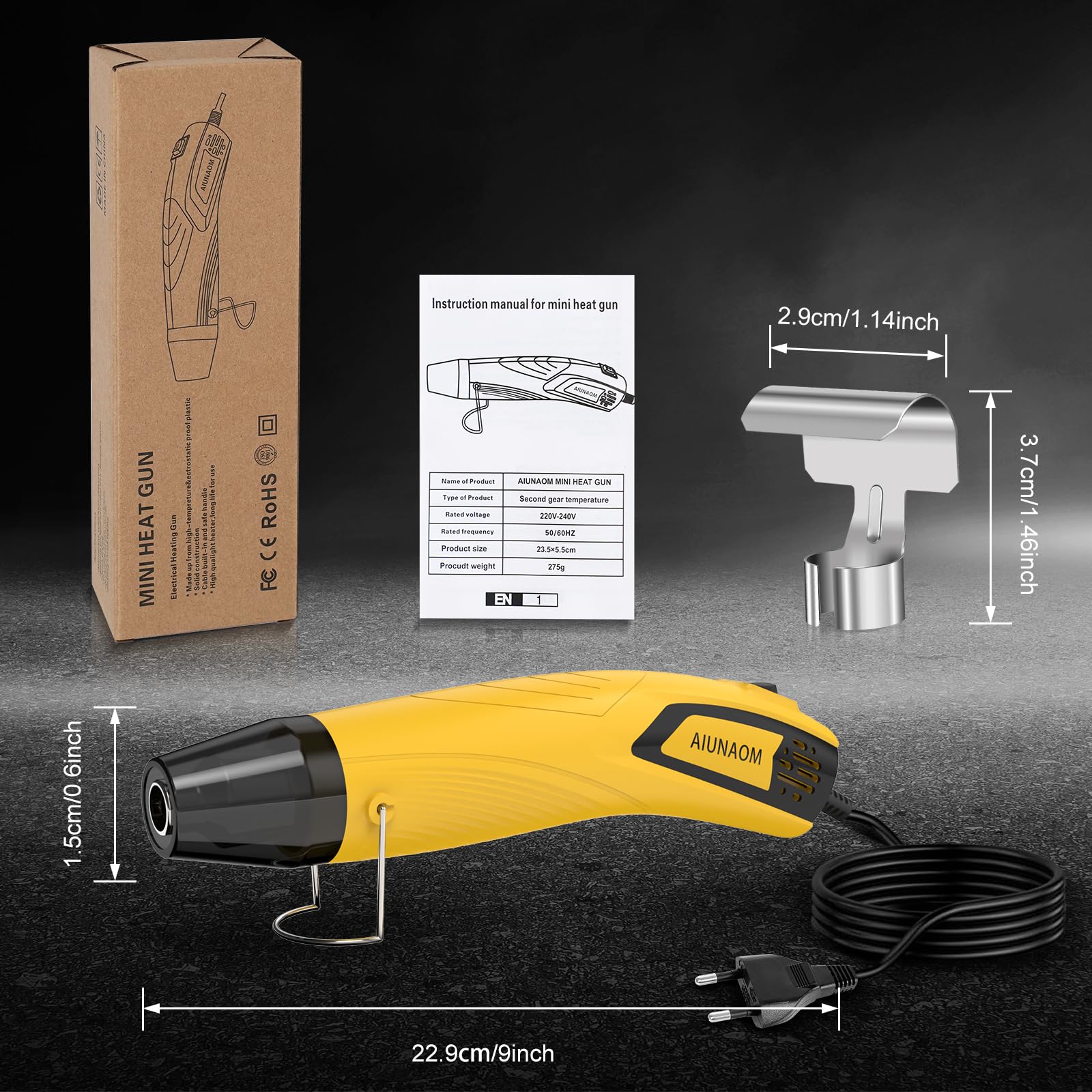 AIUNAOM Mini Pistola Termica 500W Pistola ad Aria Calda Impostazioni 2 temperature 270℃~450℃protezione da sovraccarico datto per riparazioni elettroniche, termorestringenti, asciugatura di acquerelli