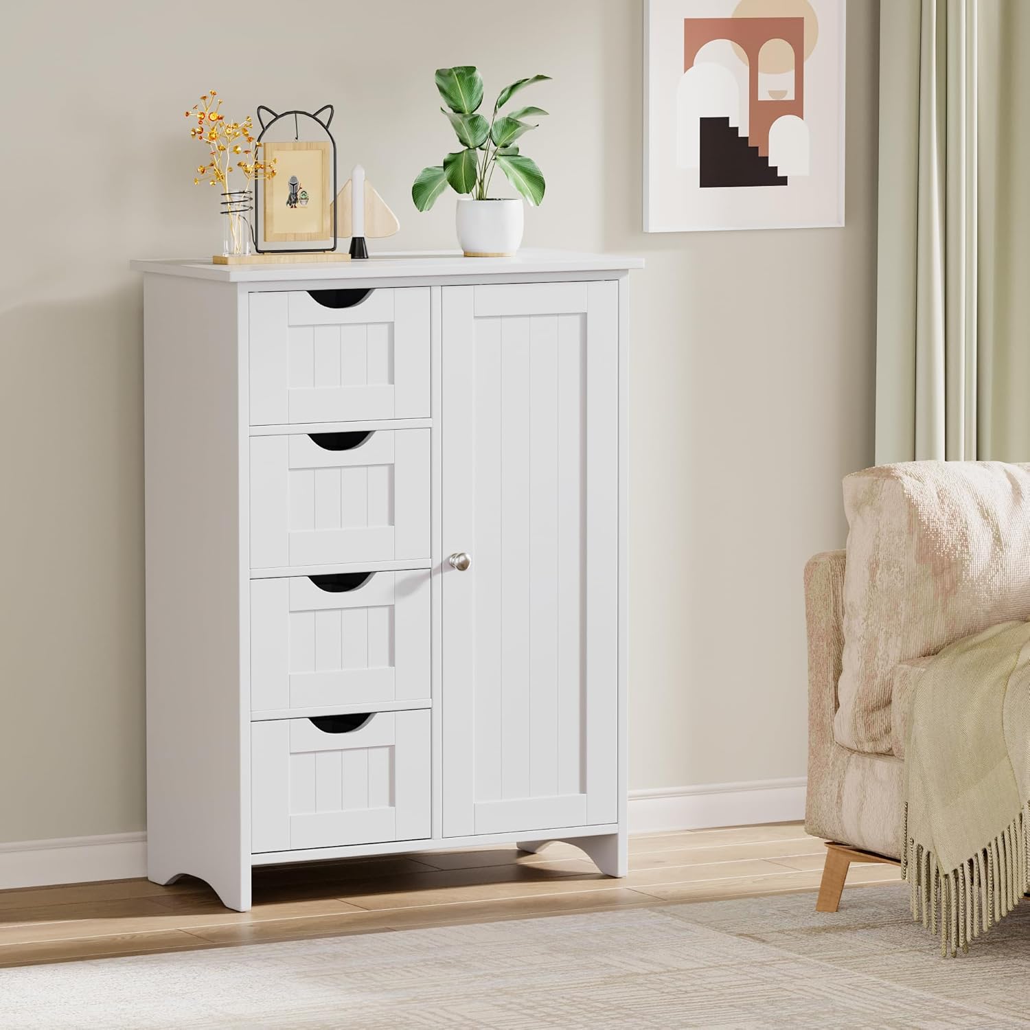 Bathroom Storage Cabinet, Side Organizer with 4 Drawers and 1 Door, Freestanding Entryway Console Table with Adjustable Shelf, Living Room, Kitchen, White