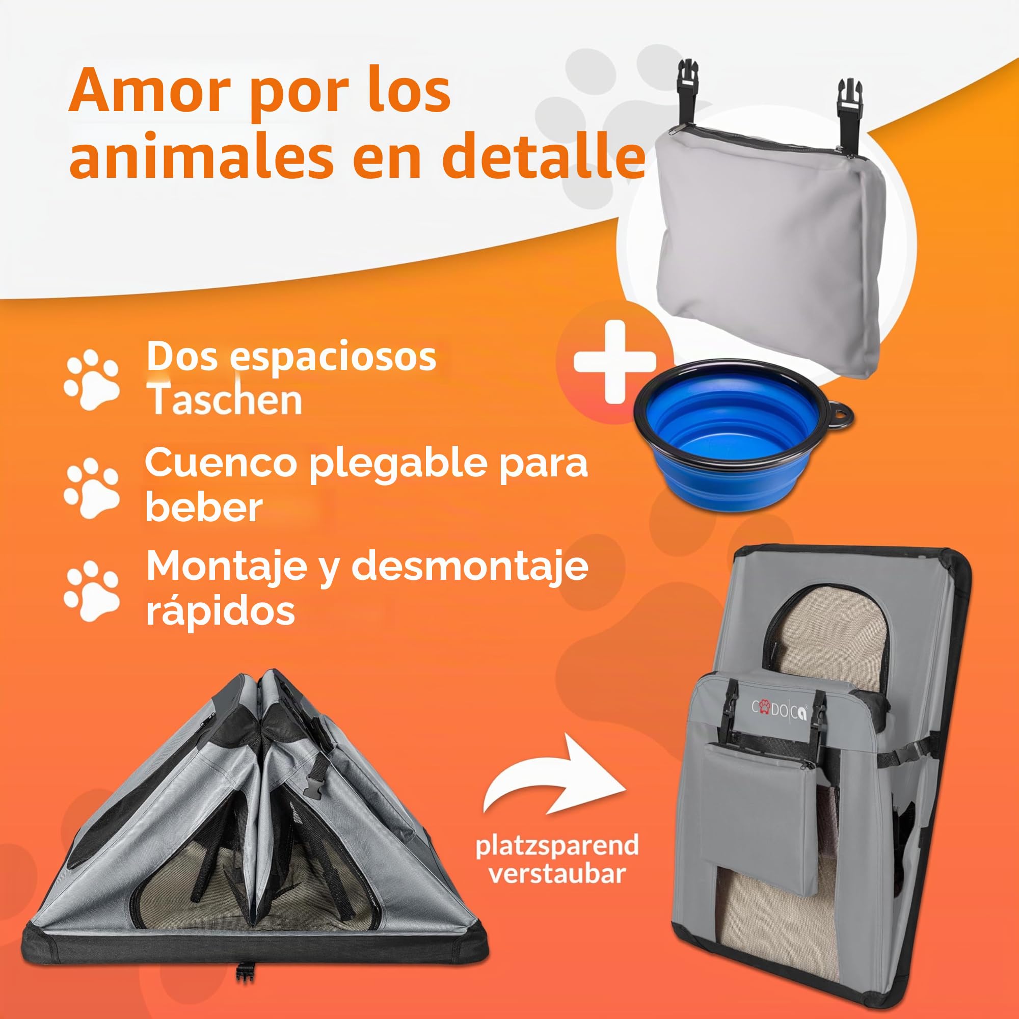 CADOCA® Transportín Mascotas Plegable con Alfombrilla Suave y Tazón Talla XXL 90x60x66cm Bolsa Viajes Transportadora Perros Gatos Gris