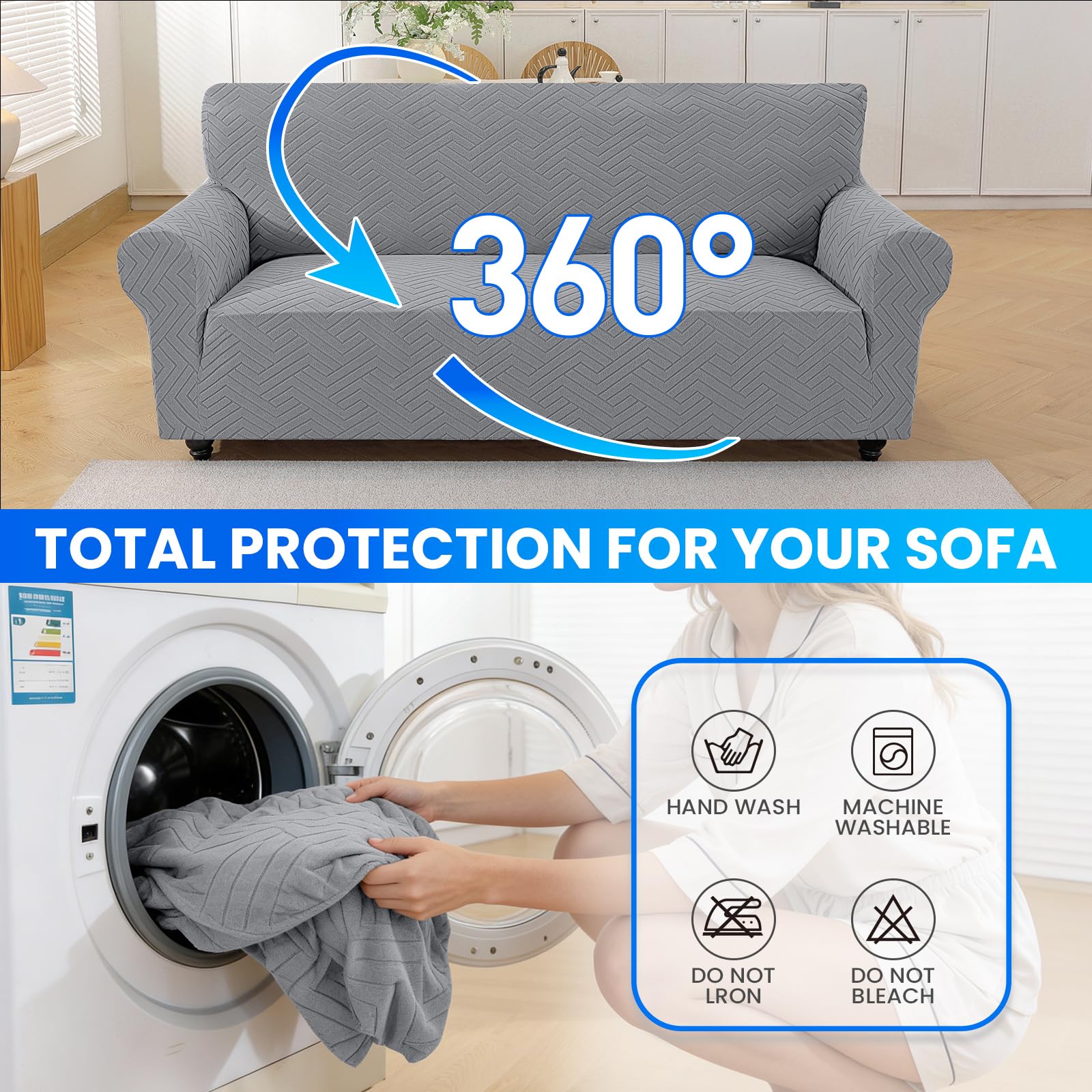 Stretch Sofaüberzug 4 Sitzer, Sofabezug rutschfest Mit Armlehnen, Universal Sofa Überzug Durable, Moderne Kratzfester Sofa Cover, Waschbare Sofaüberzug Für Wohnzimmer, Hellgrau