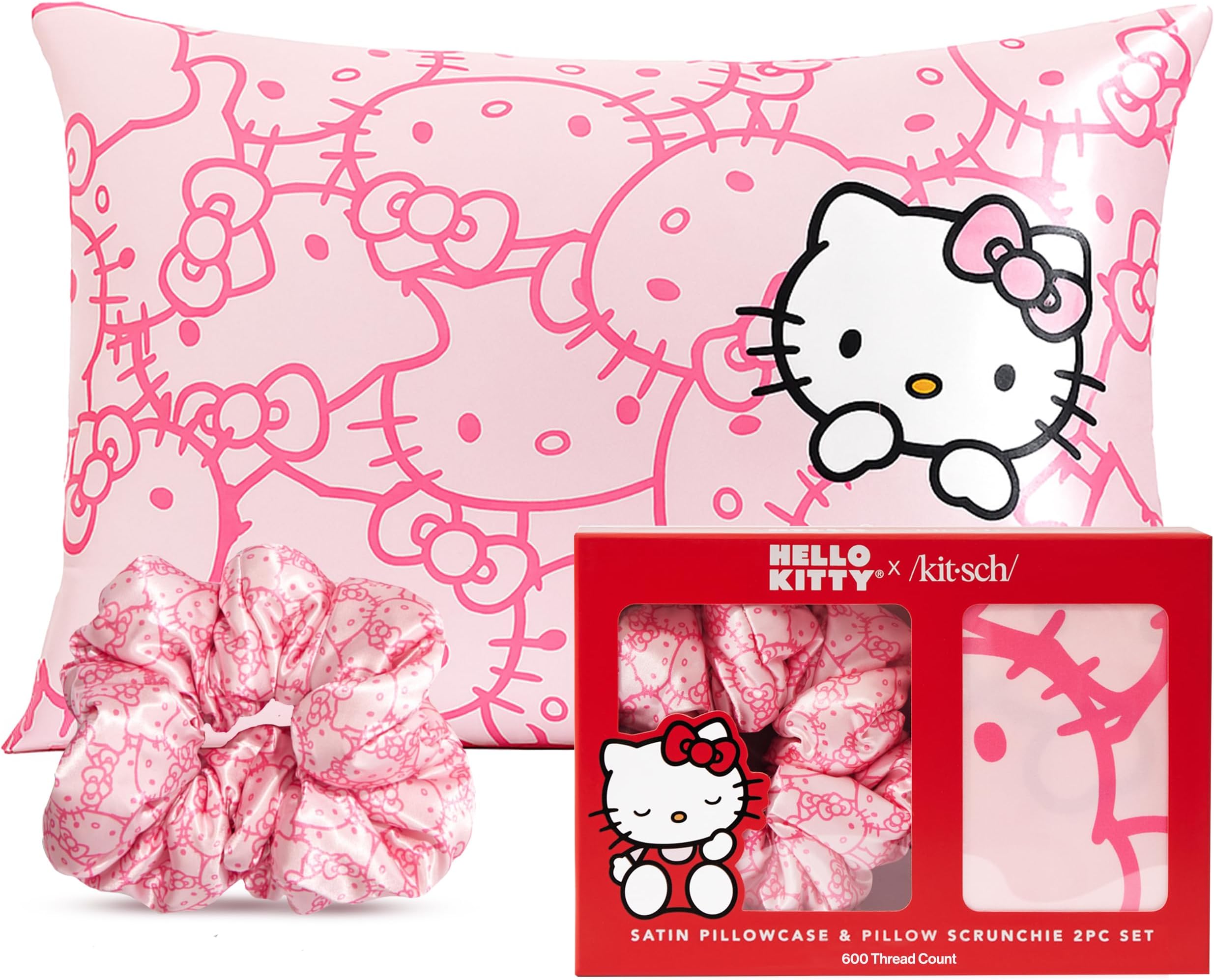 x Hello Kitty Satin Pillowcase with Zipper for Hair & Skin - Softer Than Silk Pillow Cases, Queen Size Smooth Cooling Satin Pillow Case 19x26 w/Satin Scrunchie Silk Hair Tie, Pink Kitty Faces