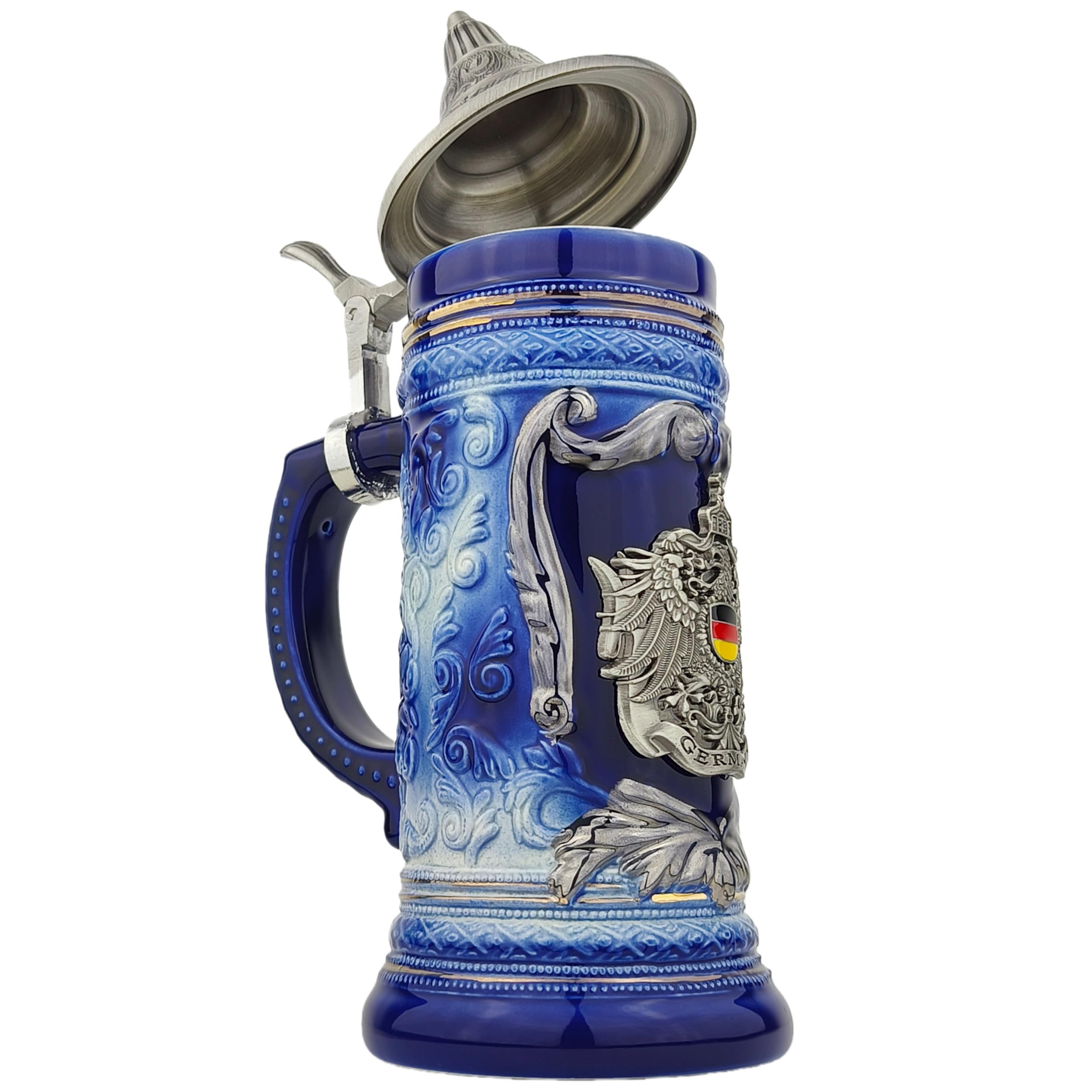 Bierkrug mit Deckel 0,7L – Klassischer Steinkrug mit Spitzdeckel & Metallmontur – Deutschland Motiv – Geschenkidee für Männer, Vater & Bierliebhaber (Blau)