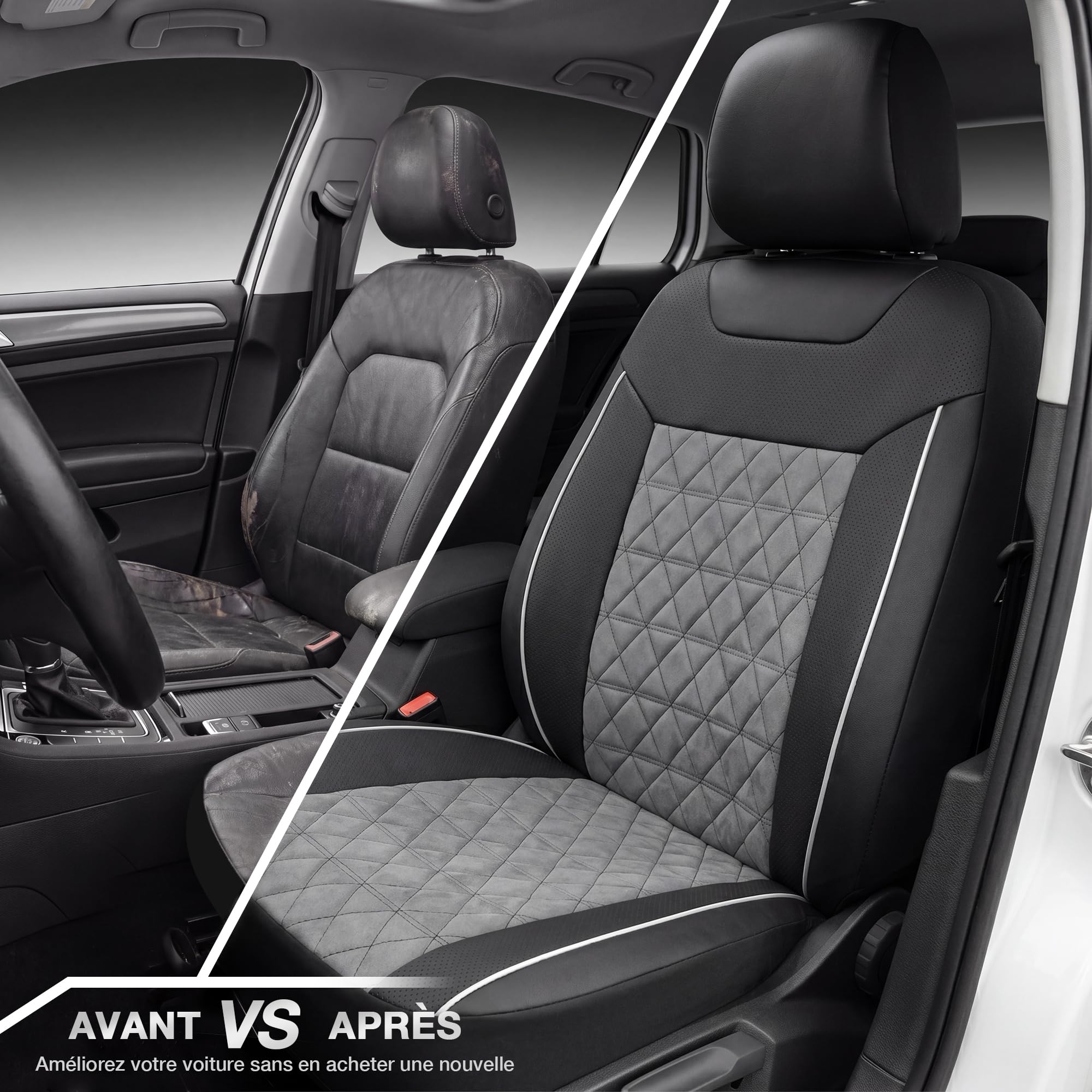 TOYOUN Housse Siege Voiture Universel Avant Tissu et Similicuir Doux Gris | Compatible airbags,Anti-usure anti-rayures protection sièges,Tissu perforé respirant,Dos antidérapant à picots