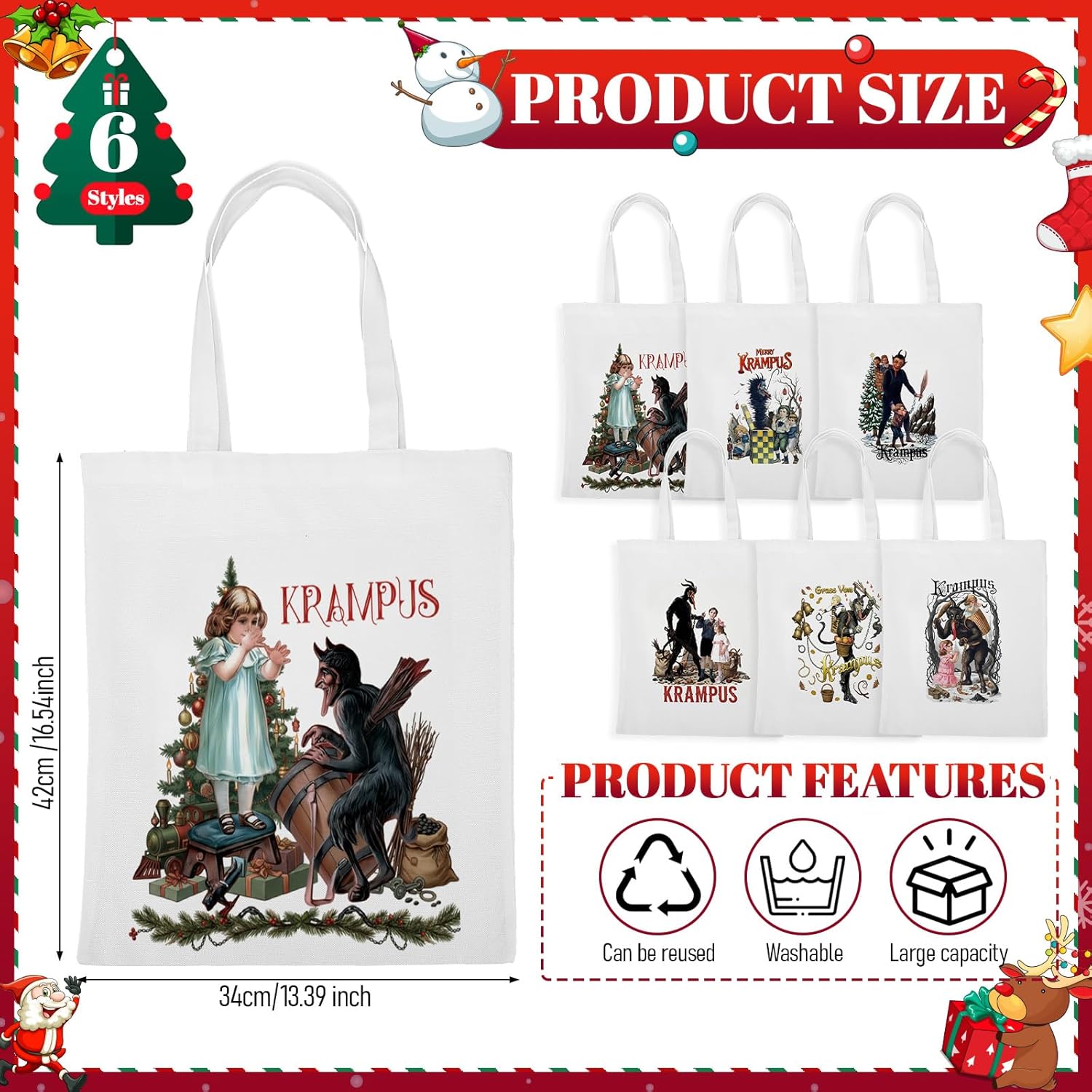Sadnyy 12 Pack Christmas Tote Bags Xmas Reusable Gift Grocery Shopping Canvas Bag with Handle for Women Party Favor Supplies(Krampus Style) - Image 4