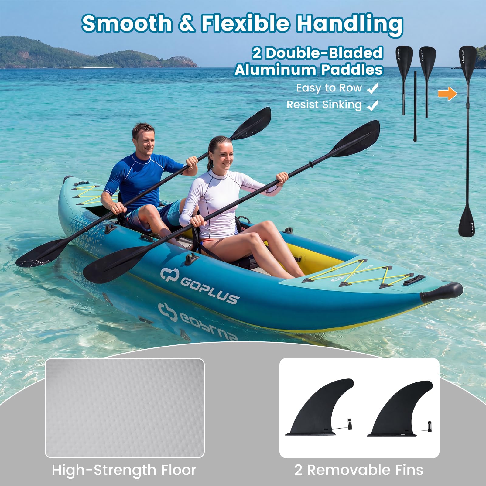 FANTASK kajak aufblasbar, Schlauchboot 2 Personen mit Aluminiumrudern, aufblasbares Kanu gepolstertem Eva-Sitz, Handpumpe & Reparaturset, Kayak 230 kg Gewichtskapazität mit Tragetasche (Türkisblau)