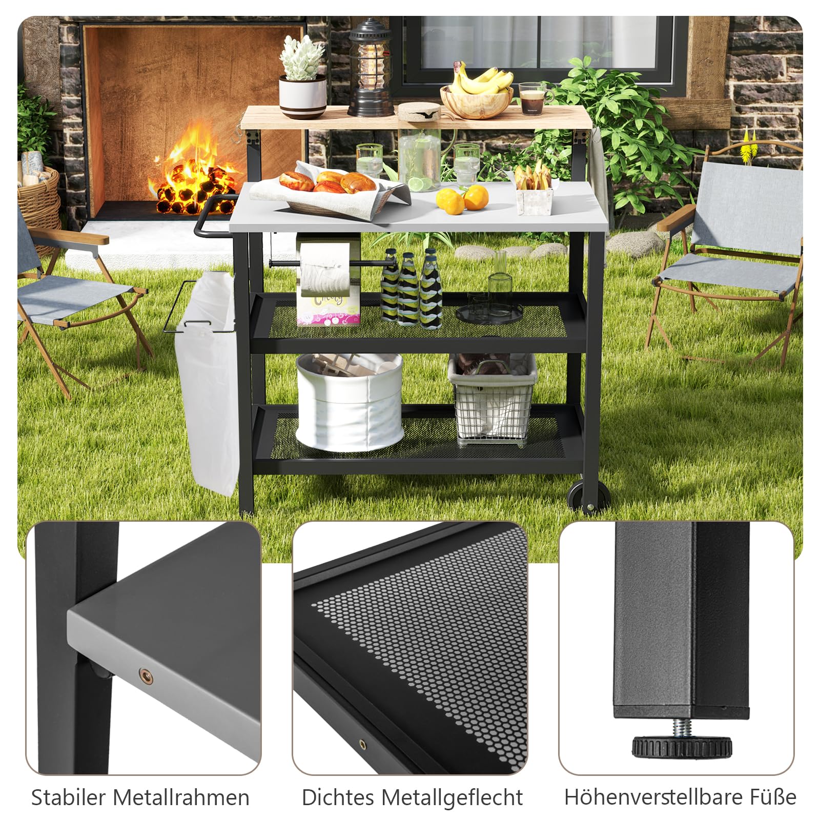 GIANTEX Grillwagen 4 Etagen mit Metall Arbeitsplatte & Müllsackhalter aufklappbarem Oberplatte Outdoor Servierwagen