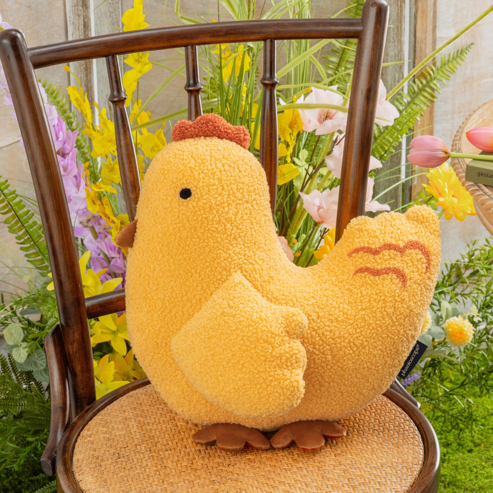 Phantoscope Happy Easter Shaped Throw Pillow, Soft Teddy Sherpa Chick Pillow, Decorative Easter Chicken Pillow with Wings Cockscomb Feet for Living Room Bedroom, Yellow, 16x15 inches
