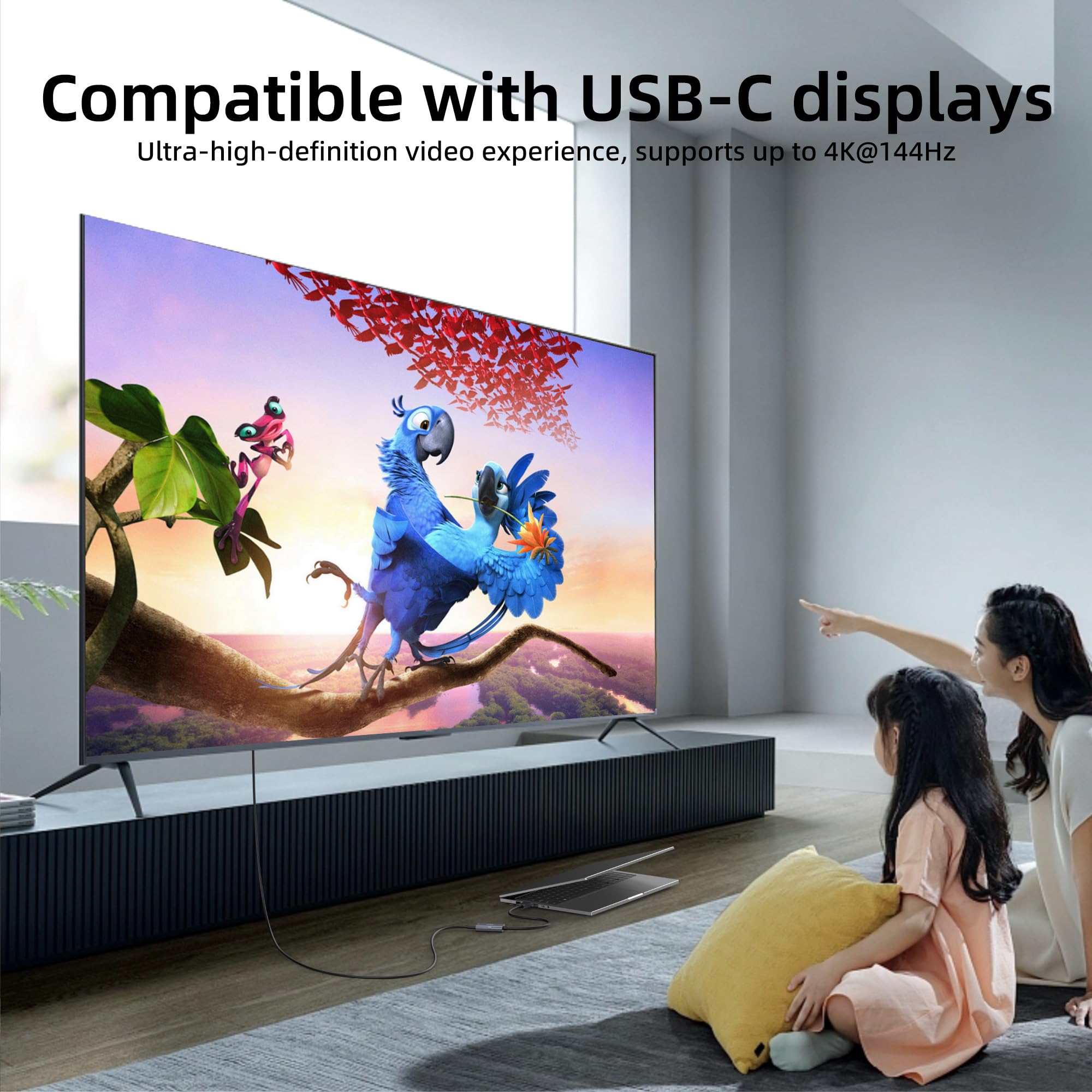 Adapter DisplayPort 8K przy 30 Hz / 4K przy 144 Hz na USB-C z ładowaniem PD 65 W, grafitowy kabel Display Port męski na typ C żeński do monitora USBC, kompatybilny z MacBook Pro/Air, iMac