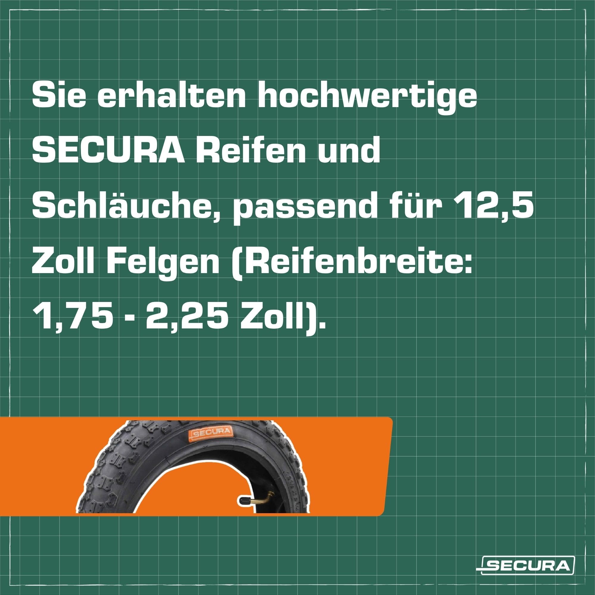 SECURA 4x Reifen 12.5x2.25 12 1/2 x 2 1/4 inkl Schläuche Winkelventil kompatibel mit Kinderfahrrad Kinderwagen Buggy Laufrad Dreirad Roller Fahrradanhänger 47-203