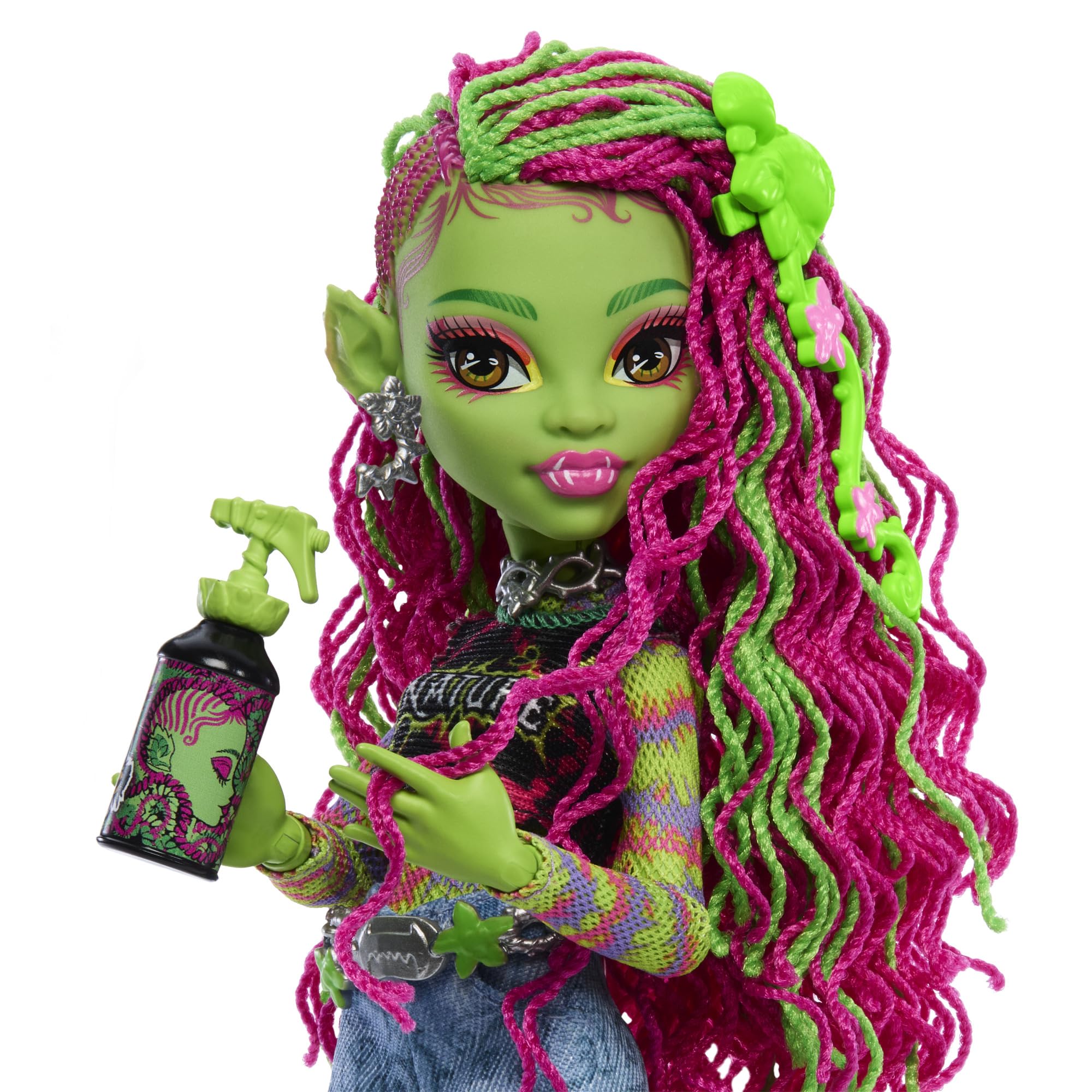 Monster High Venus McFlytrap Lalka + kotek Chewlian oraz akcesoria, takie jak plecak, notes i „przekąski”, HRP81
