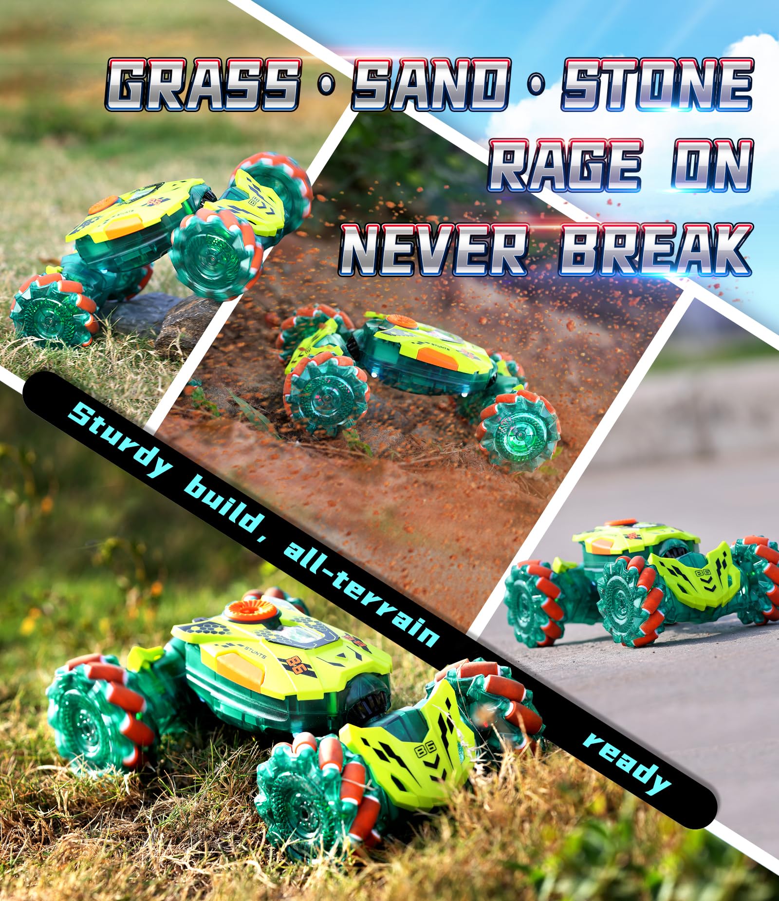 A ALPHA RC Voiture Télécommandée, 4WD 360°Rotation RC Véhicule Stunt Car avec LED, 2.4GHz Voiture télécommandée Tout Terrain pour Garçon Fille 3 4 5 6 7 8 9 10+ Ans, Vert - 2