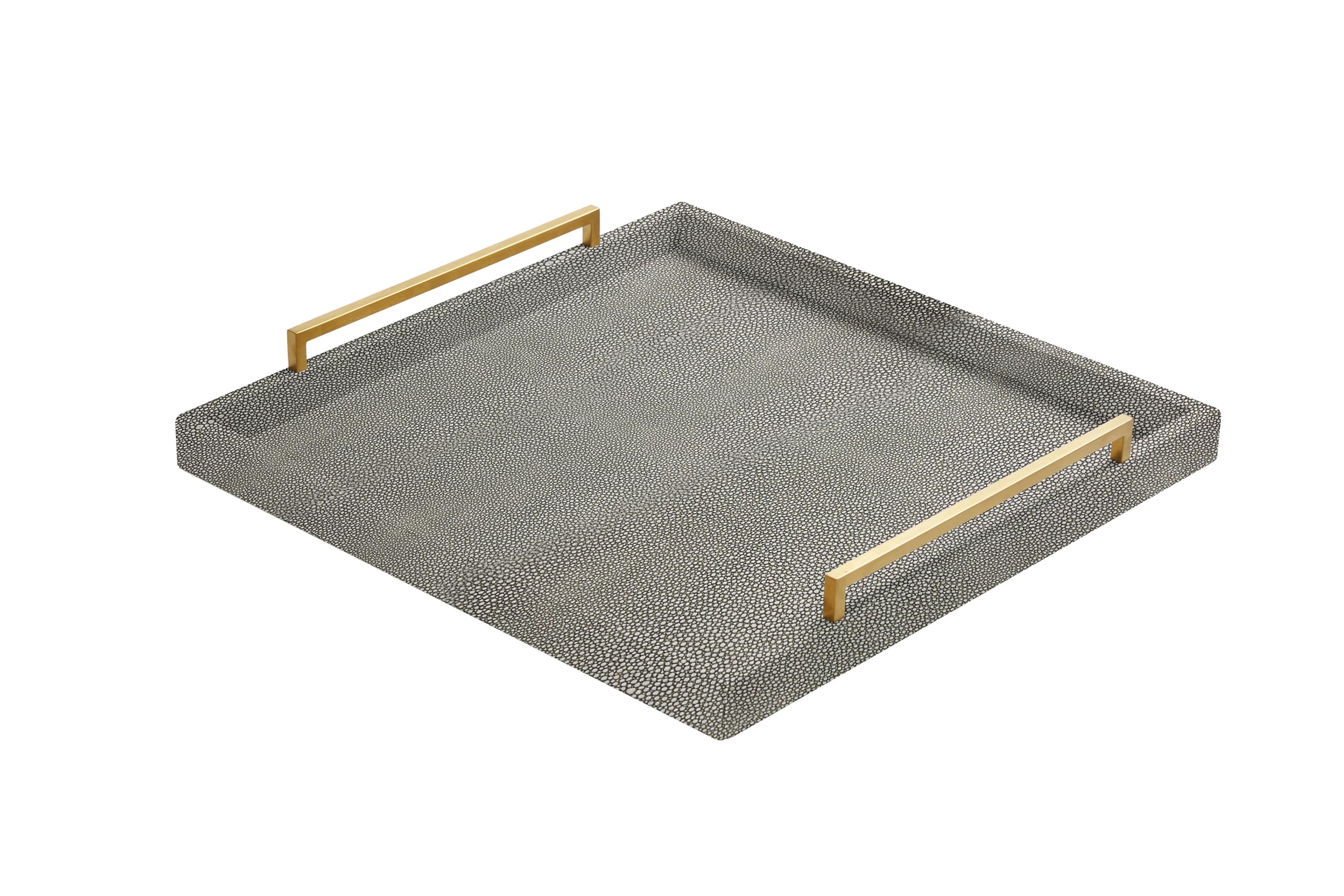 24" Extra Large Grey Shagreen Ottoman Tray Functional Square Serving Tray Stylish Decorative Tray for Modern Home Living Room (Grey-Gold Handle, 24")