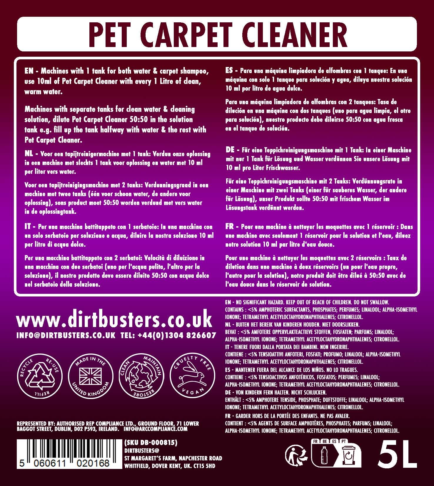 Dirtbusters Nettoyant pour tapis à animaux 5 litres. Shampooing professionnel pour moquettes avec traitement réactivateur d’odeurs, neutralise les odeurs d’animaux, 10 KG
