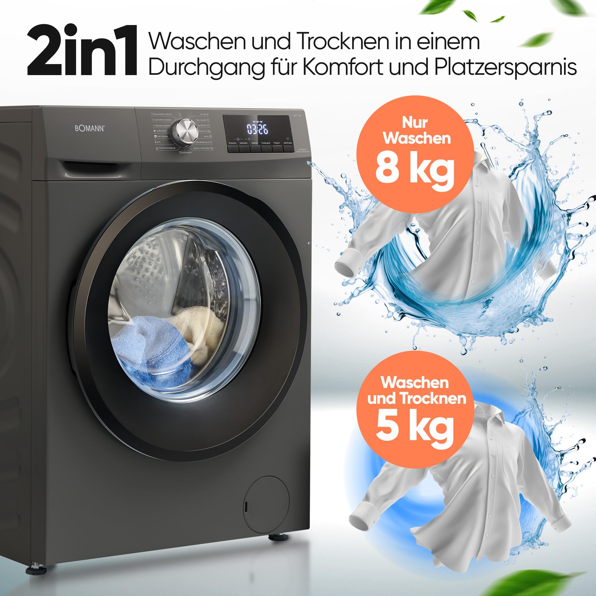 Bomann Waschtrockner WAT 7186 8 kg Waschen 5 kg Trocknen 1400 U/Min Invertermotor