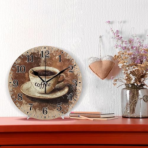 Miniatura 3 de JUNZAN Retro Coffee Cups Brown Round Bathroom Clocks Wallclocks 10 Inch Classic Farmhouse Wall Clocks for Cafe Dining Room Decoration