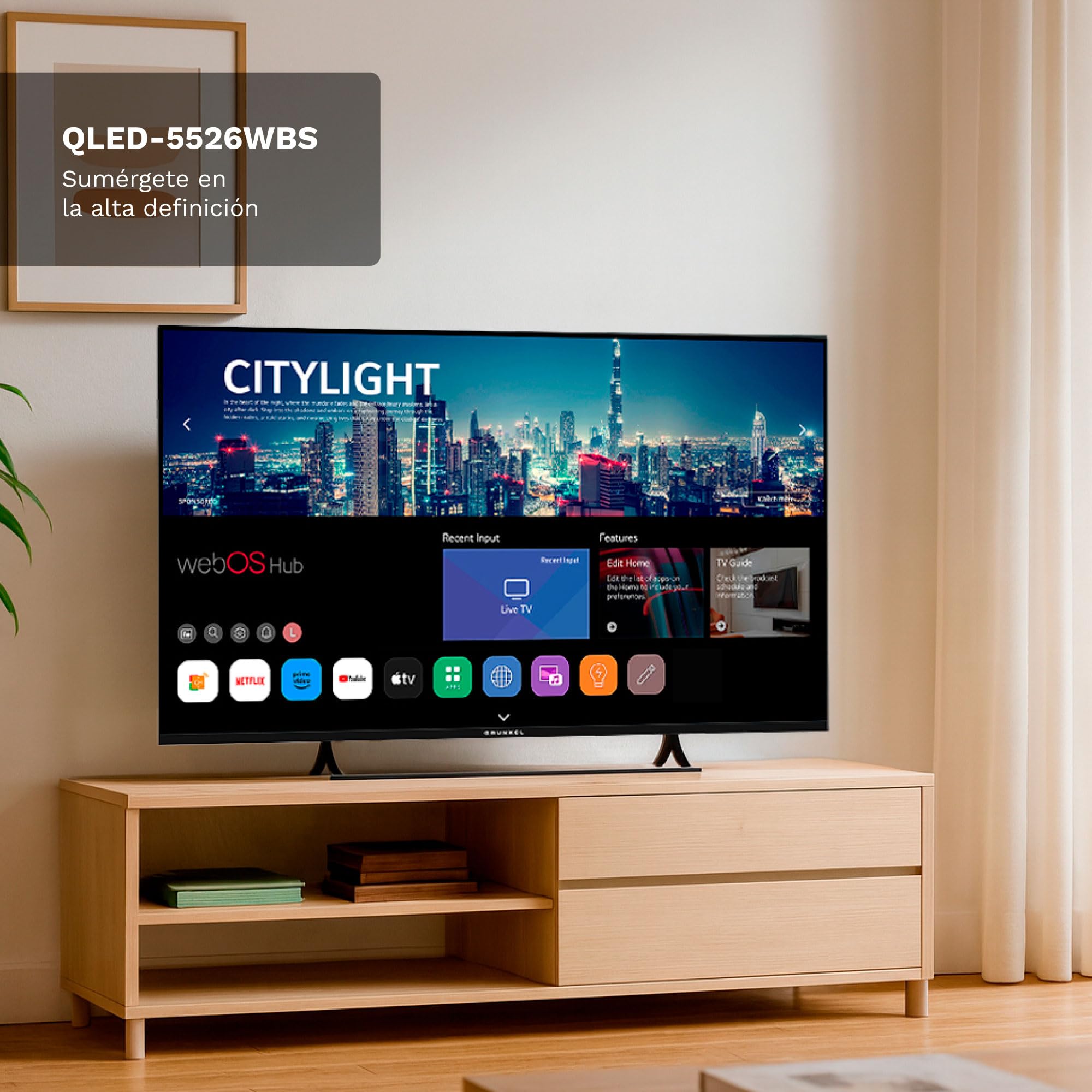 Grunkel QLED-5526WBS Smart TV QLED 55” 4K UHD | Sistema webOS | TDT T3 + Satélite S3 | WiFi Integrado | Grabador USB-PVR | 4 HDMI | Sonido 20W