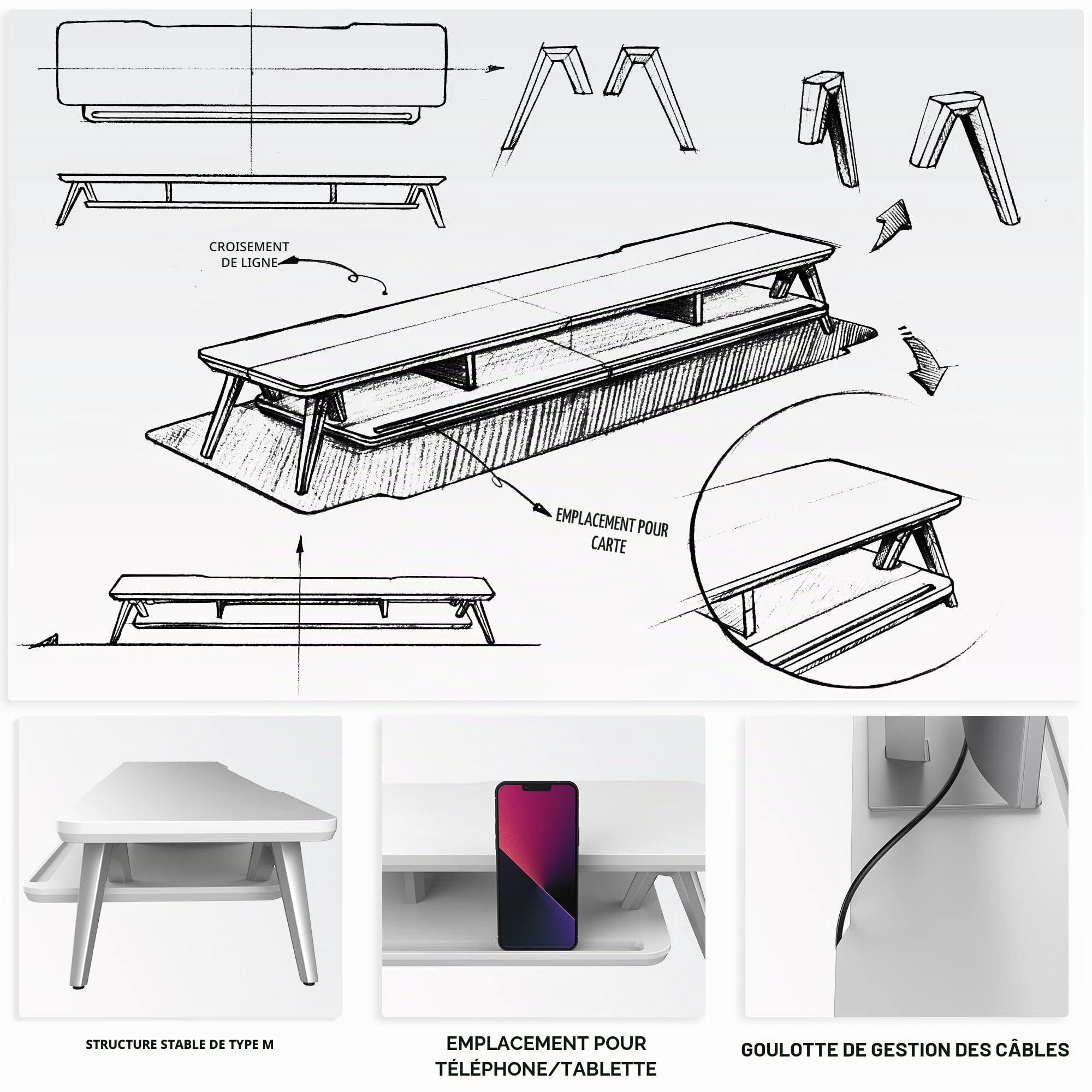 Rehausseur Écran Bureau en Bois et Métal avec Encoche pour Smartphone, Tablette et Stylo, 108cm, Blanc