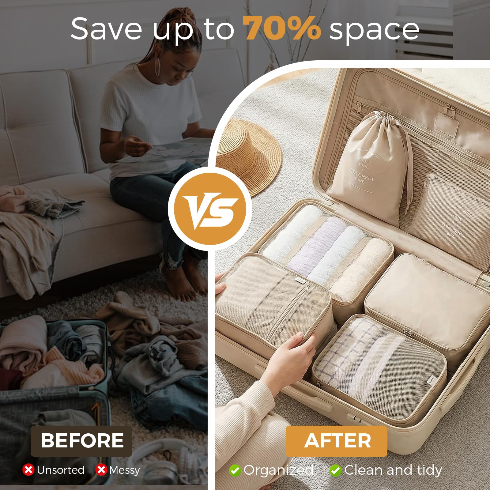 LANSKLBD 4/6/8/10 Set Packing Cubes for Suitcases Travel Luggage Packing Organizers,Travel Accessories Essentials Luggage Organizer with Shoe/Tioletry/Laundry Bag (Beige, 10 set) view 5