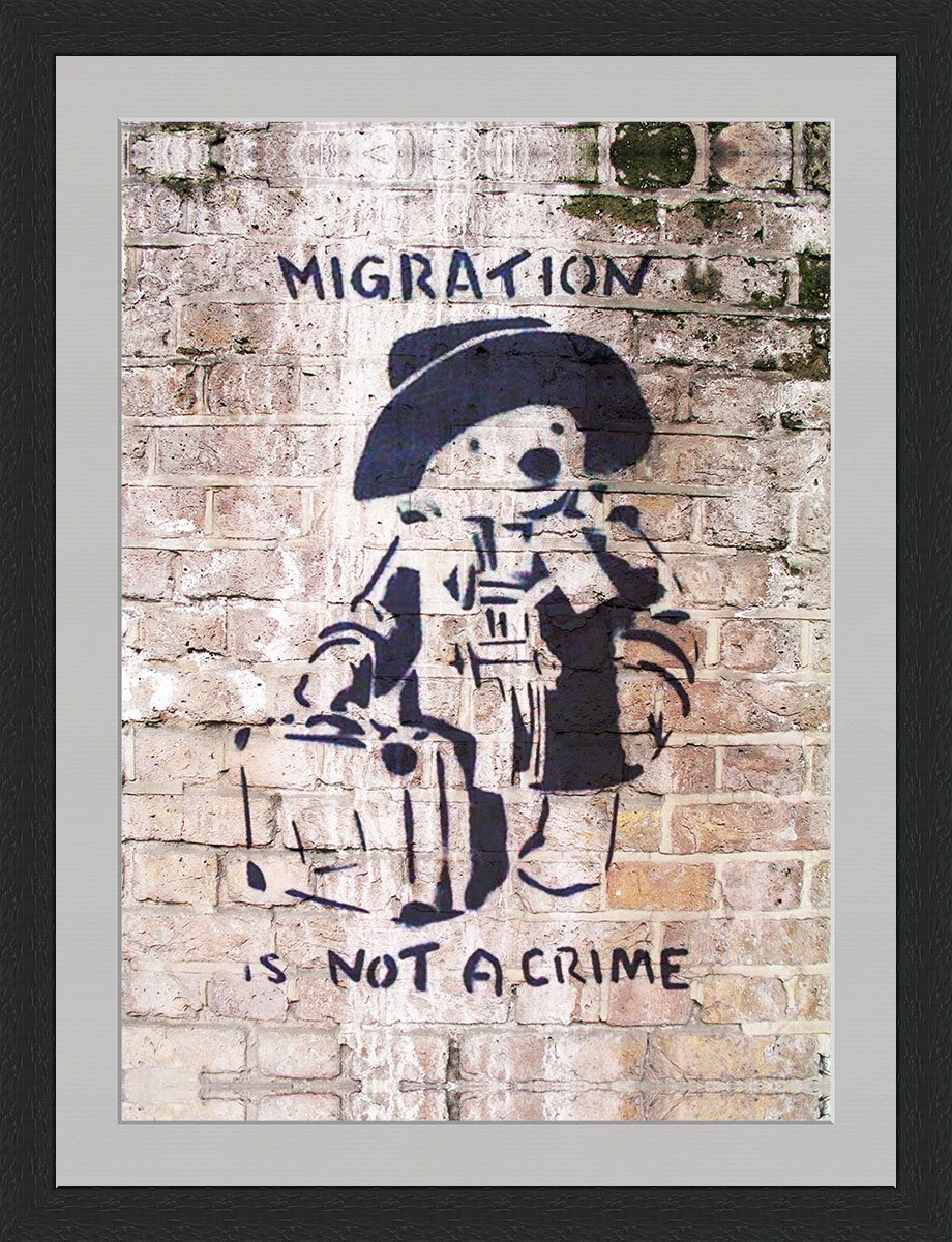 Behind The Glass Banksy Migration Is Not A Crime - Framed & Mounted - 40x30cm - Black Frame