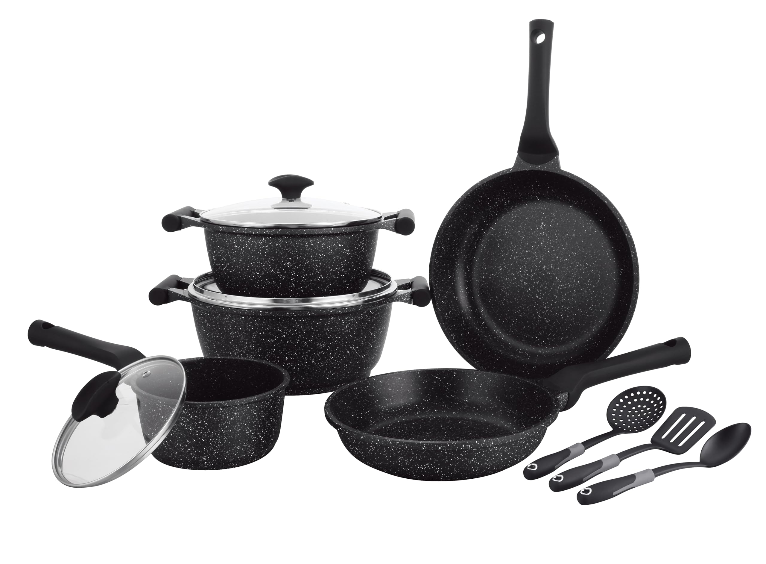 Prestige Essentials Nonstick Pots and Pans Set | Induction Cookware Set 11 Pieces | Non Stick Set Combo | Granite Cooking Set | Fry Pan Non Stick Combo Set | Black - PR80985