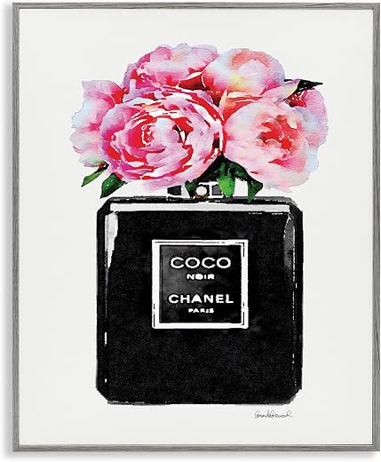 Stupell Industries Glam Perfume Bottle Flower Black Peony Pink, Design by Amanda Greenwood Gray Framed Wall Art, 24 x 30