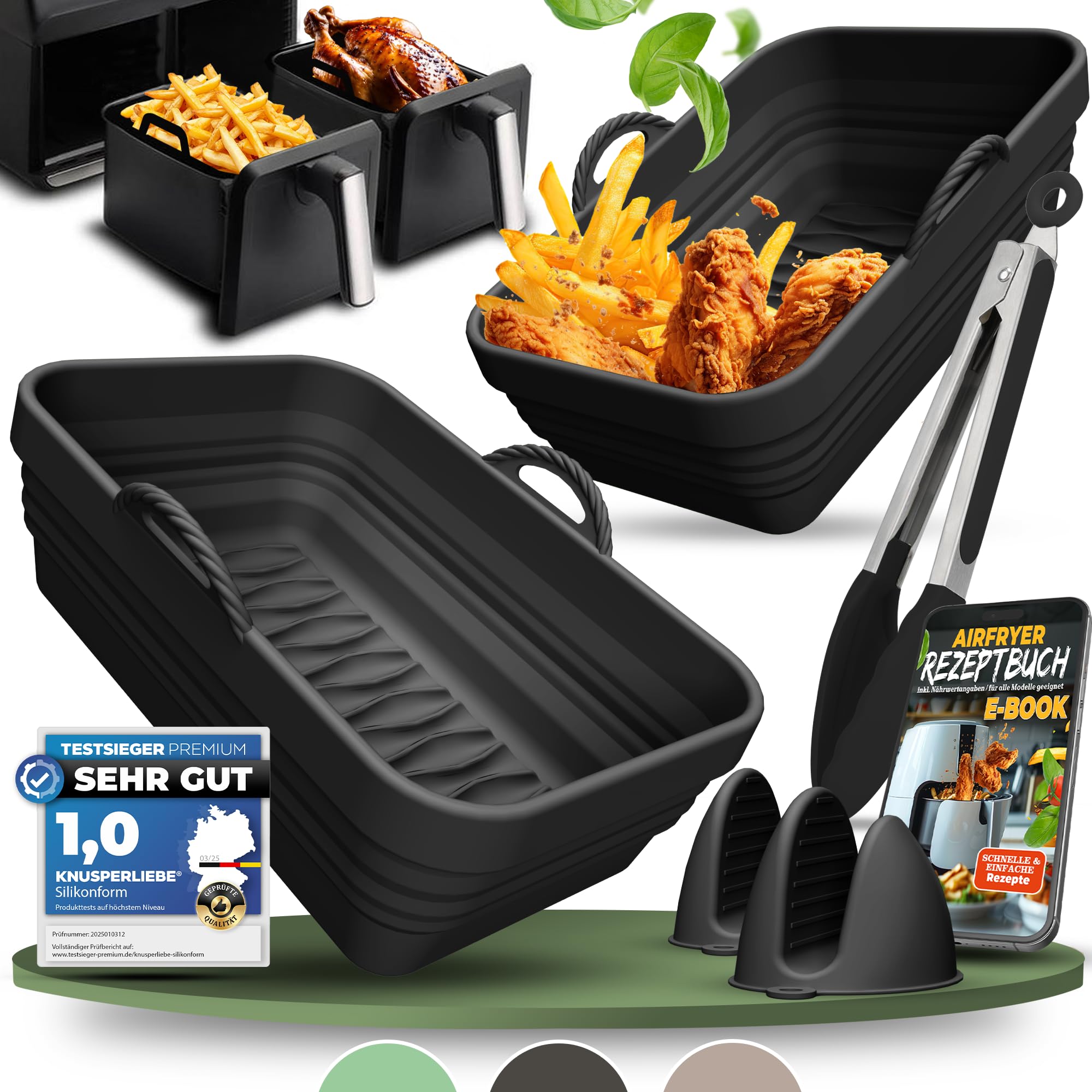 KNUSPERLIEBE® 2x Set Zubehör für Ninja Foodi Max Dual Zone Silikonform Faltbar, Dual Zone Airfryer, Heißluftfritteuse, AF300 AF400 AF451, Silikoneinsatz Air Fryer Accessories, spülmaschinengeeignet