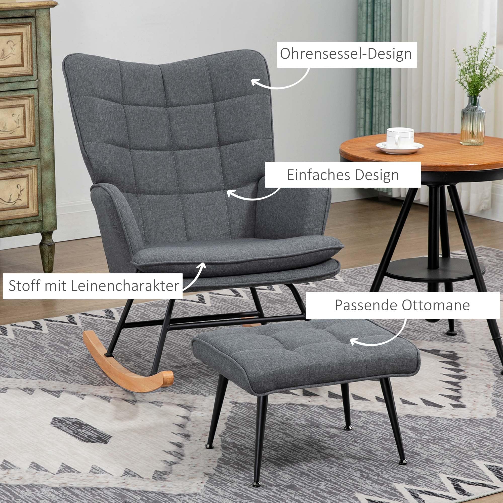 HOMCOM Schaukelstuhl Schwingsessel mit Hocker, Armlehnsessel, Sessel mit Leinenoptik, Schaukelsessel bis 130 kg Belastbarkeit für Schlafzimmer, Wohnzimmer, Grau
