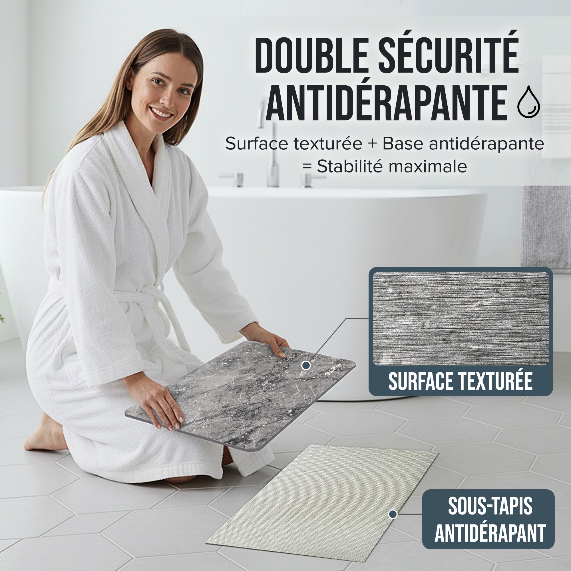 Tapis de Bain Diatomite 60x40 cm Antidérapant Ultra Absorbant Séchage Rapide