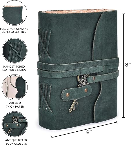 Miniatura 46 de Leather Village Diario, diseño de época, de cuero, unisex, papel tipo antiguo hecho a mano, cierre de llave estilo antiguo, libro de sombras, Verde