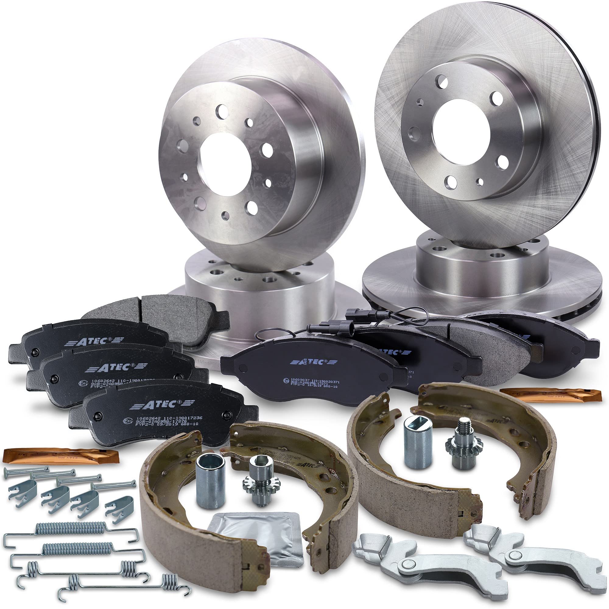 ATEC Germany Set di freni con dischi anteriori Ø 280 mm ventilati + posteriori Ø 280 mm pieni + pastiglie freno + ganasce freno Compatibile con CITROËN JUMPER, FIAT DUCATO, PEUGEOT BOXER