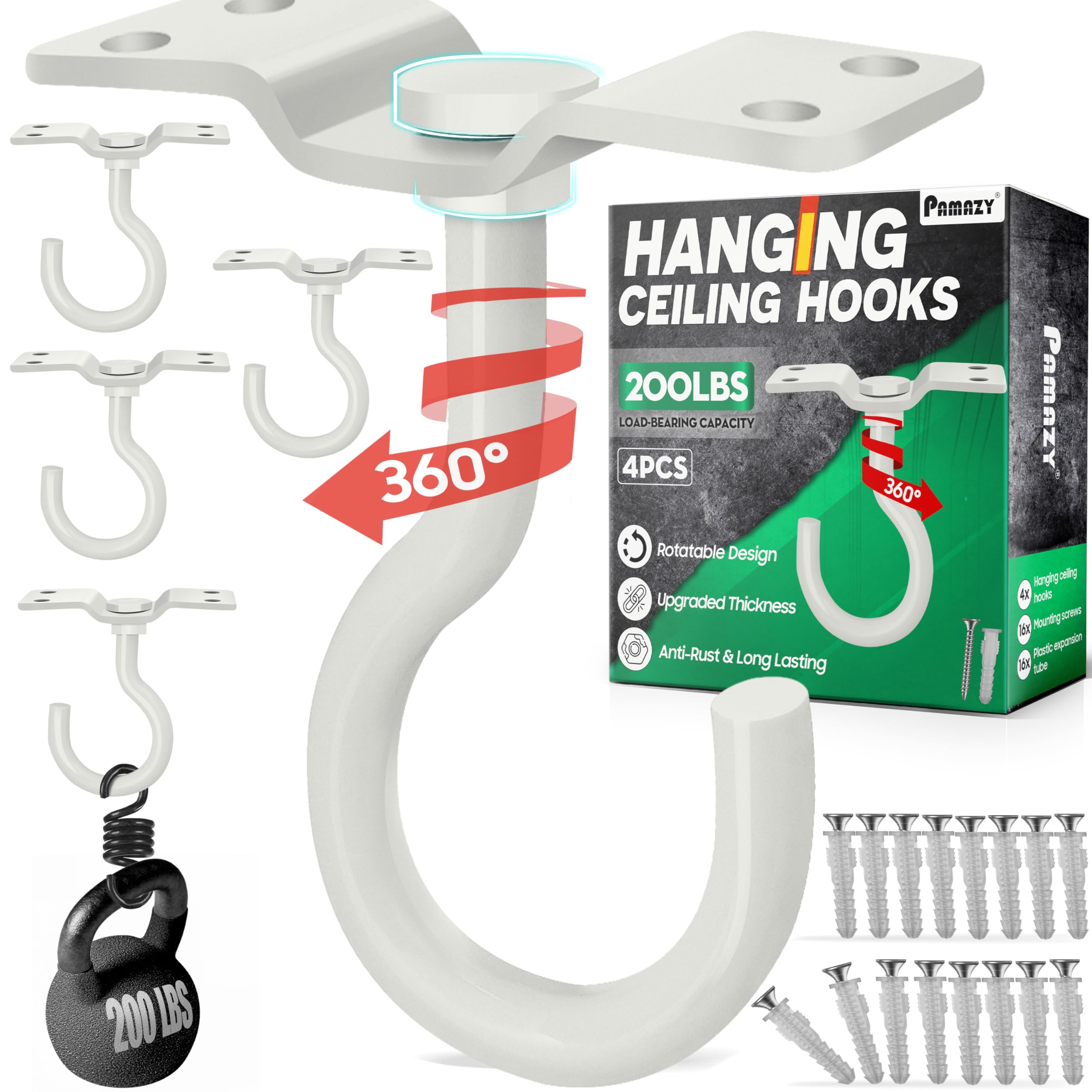 Photo 1 of [UPGRADED] 200LBS 4Pcs Rotatable Ceiling Hooks with 4 Screw Points Plate Base, White Wall Mount Metal Hanger for Hanging Plants, Bird Feeders, Lanterns, Lights, Wind Chimes, Indoor Outdoor Decor