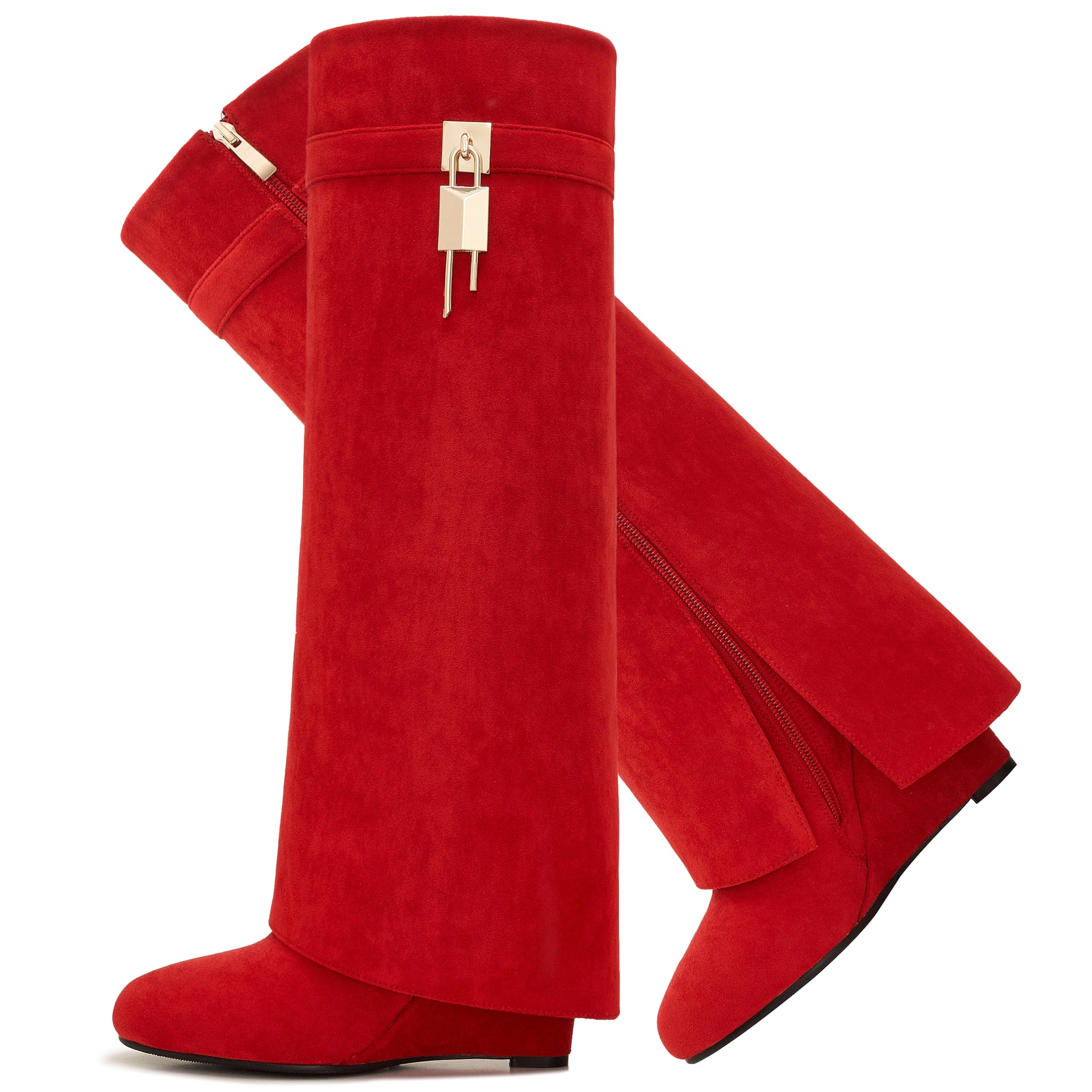 Women's Fold Over Knee High Shark Boots 4-Inch Wedge Heel Side Zipper