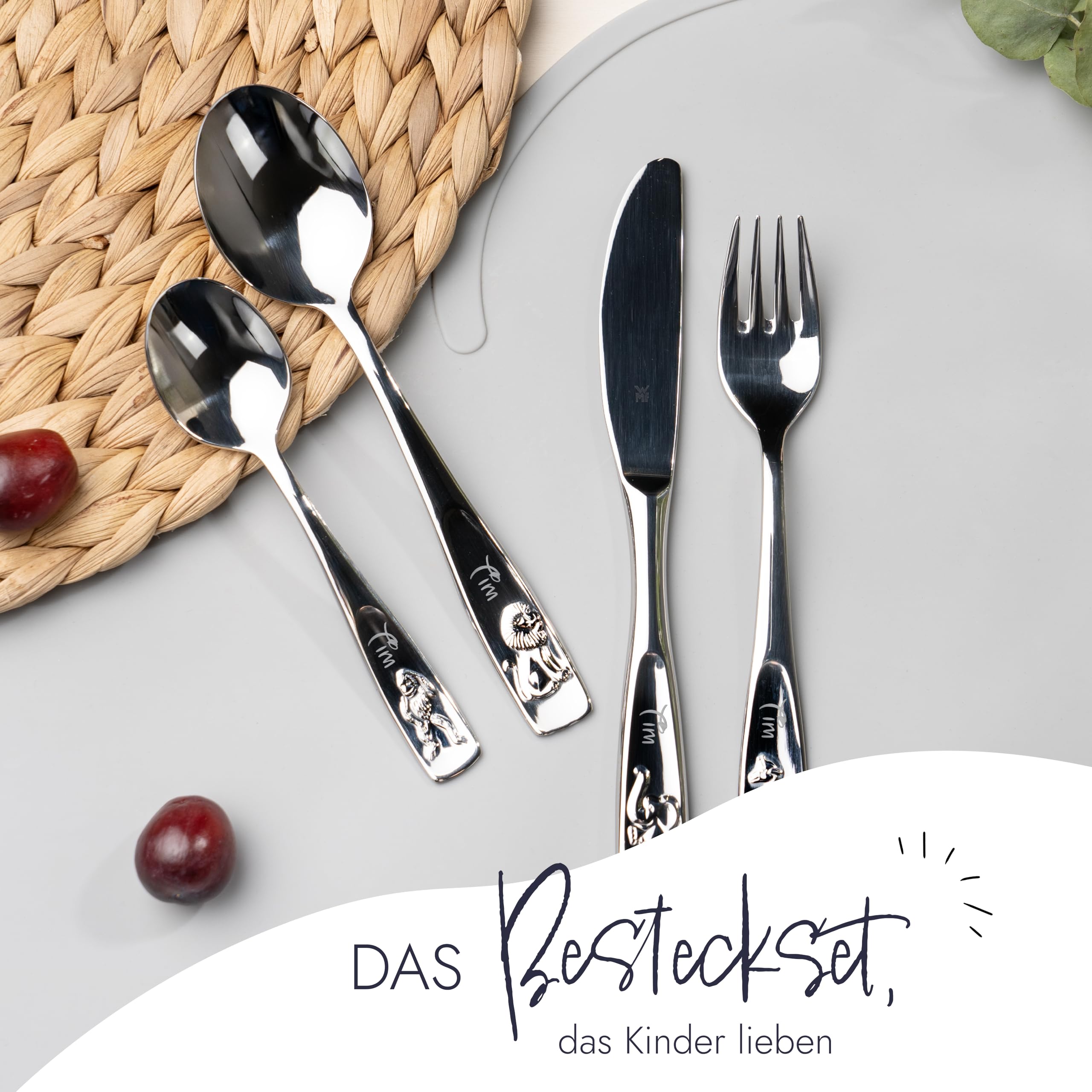 WMF Kinderbesteck mit Namensgravur,Edelstahl, 4-teilig, spülmaschinengeeignet – Geschenk zur Taufe, Taufgeschenke für Mädchen und Jungen, Kinderbesteck mit Gravur