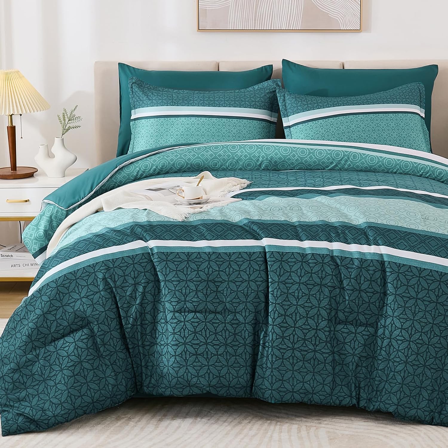 WONGS BEDDING 7 Pieces Comforter Set Queen Size,Teal Striped Bed in a Bag Comforter and Sheet Set,Patchwork Soft Lightweight Micorfiber Bedding Set for All Seaon (90"90")