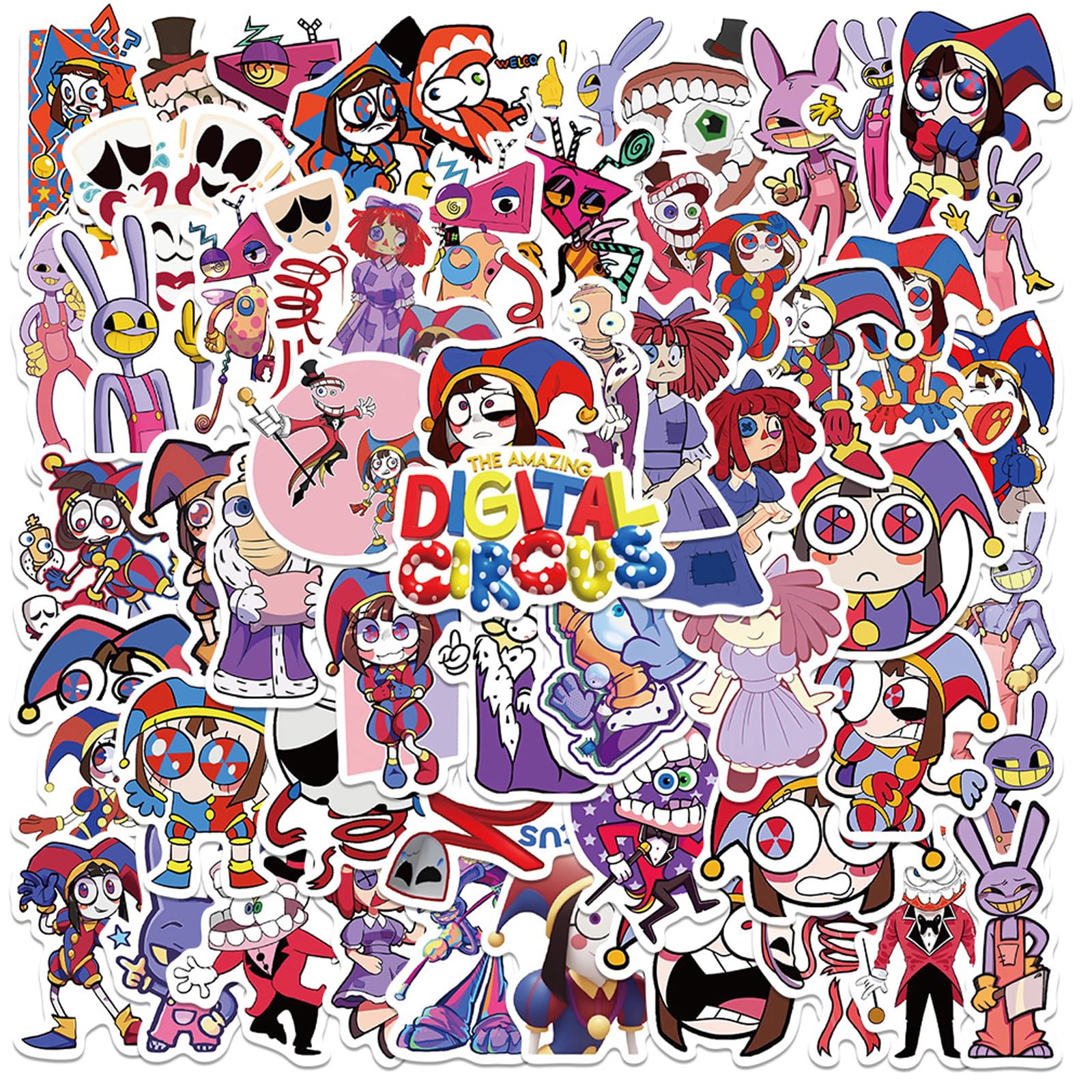 EDLMKM 56 pcs The Amazing Circus Stickers, Cute Stickers Pack, Waterproof Vinyl Sticker Decals, for Laptop, Skateboard, Water Bottles, Computer, Phone, Guitar, Vinyl Decals for Kids, Toddlers, Teens,