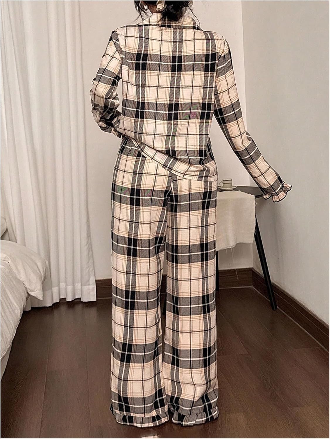 SHENHE Women's Plaid Pajama Set 2 Piece Button Down Long Sleeve Pjs Ruffle Pants Lounge Sleepwear - Image 2