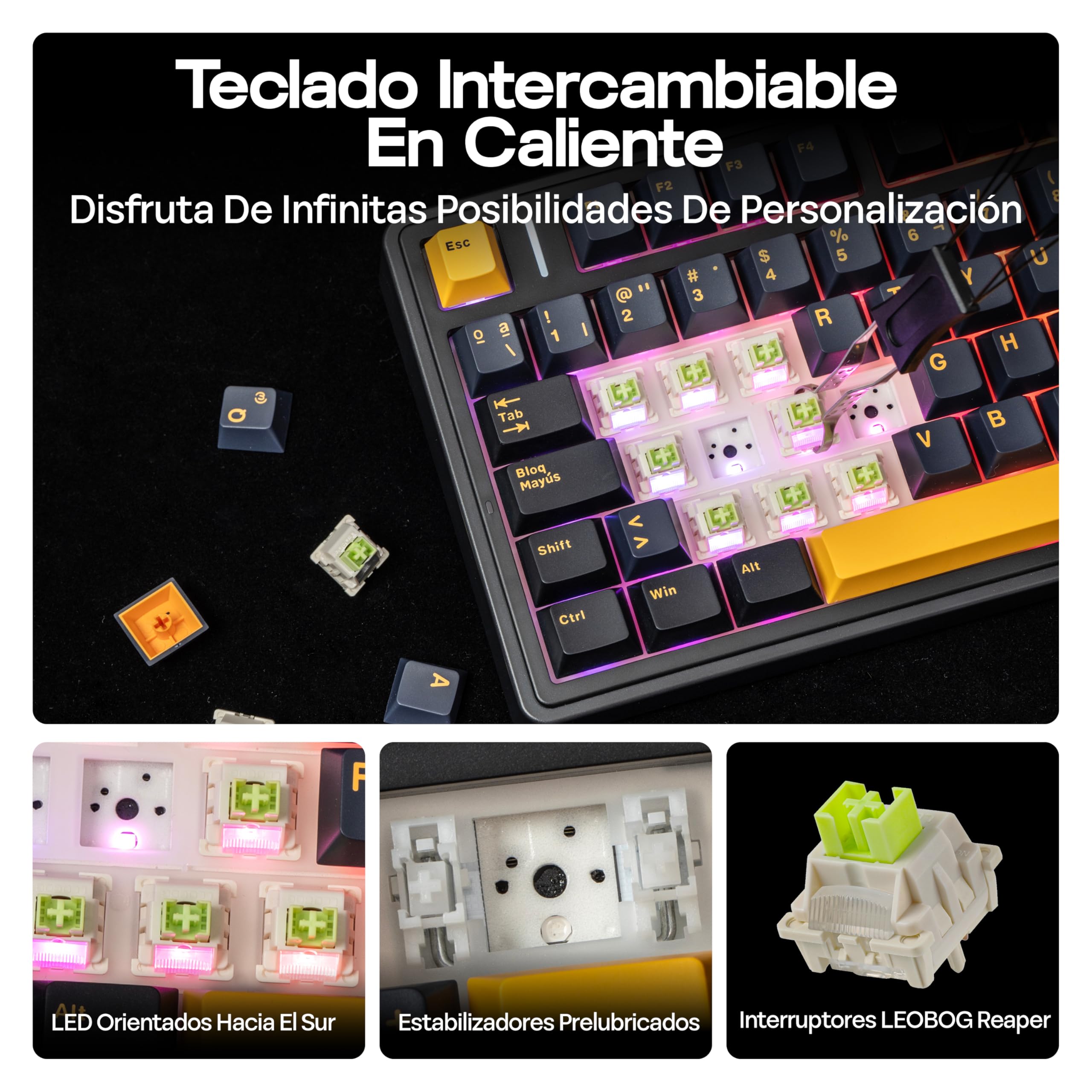 MechLands Aula F75 75% Teclado Mecánico para Gaming, Distribución QWERTY Español, Retroiluminación RGB, Teclado BT5.0/USB-C/2,4 GHz Con Mando Giratorio, Reaper Switches para Win/Mac ()