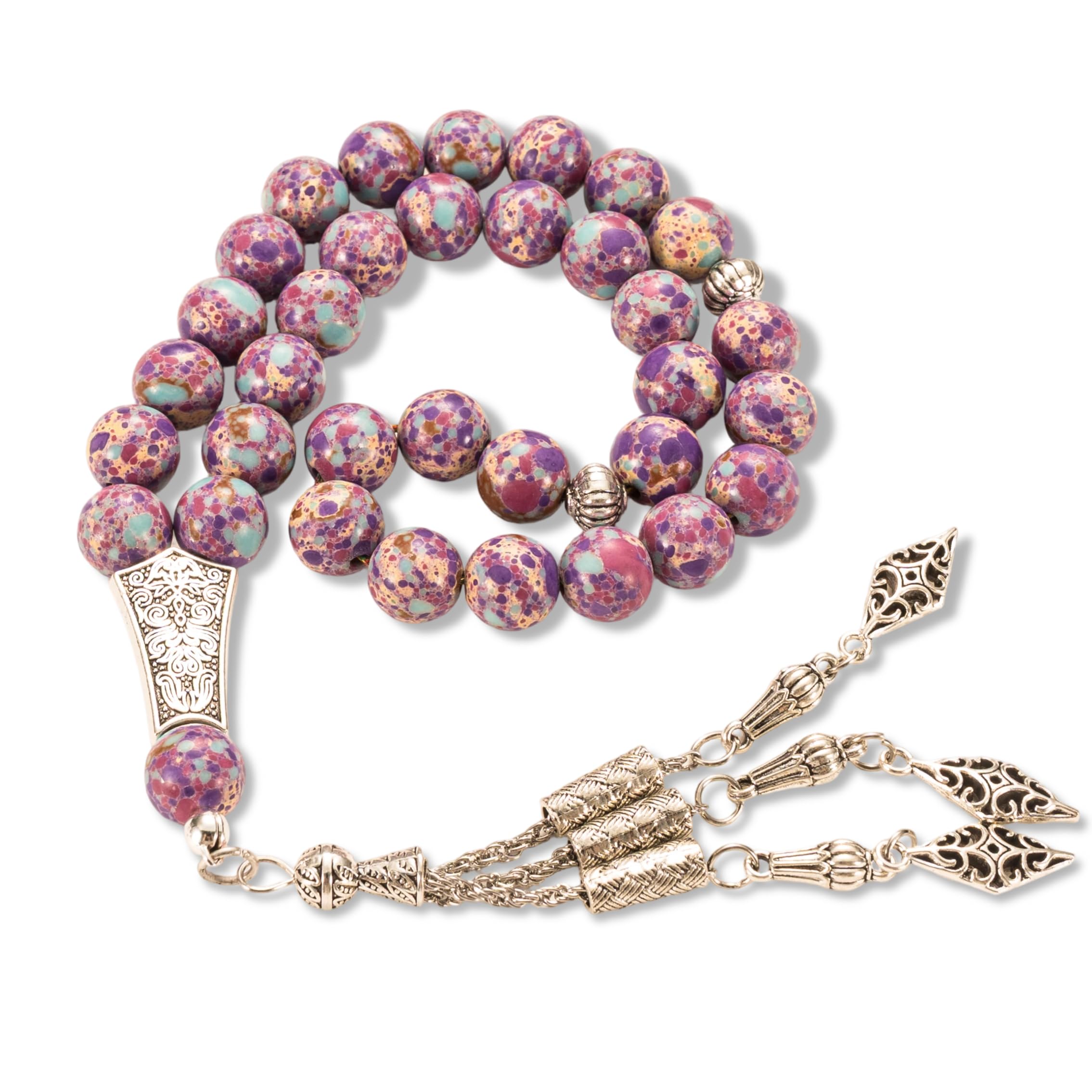 Purple Shoushan Stone Tasbih 33 Beads – Round Misbaha with Silver-Tone Tassel & Premium Gift Box – Ramadan/Eid, Hajj & Umrah Gift for Men: Father, Husband, Boyfriend, Brother