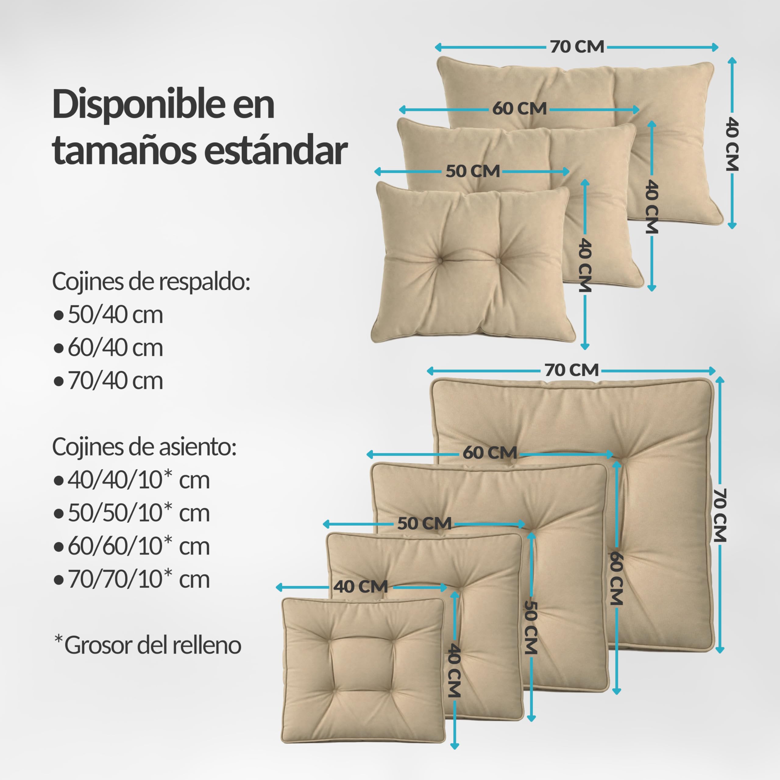 POKAR Set de 2 Cojines para Silla de Exterior: Asiento 50x50x10 + Respaldo 50x40x10 cm | Impermeable y Repelente al Agua | Cojines para Muebles de Jardín, Terraza y Ratán | Made in EU | Beige