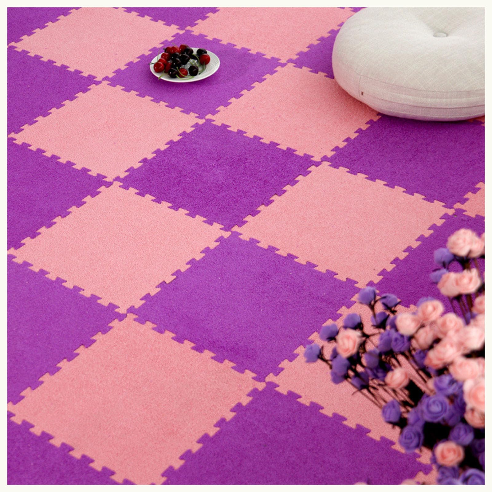 Mata podłogowa z puzzli piankowych, Łączone płytki dywanowe z obramowaniem, opakowanie 10 sztuk wielokolorowych 30 x 30 cm(Purple+pink,1cm)