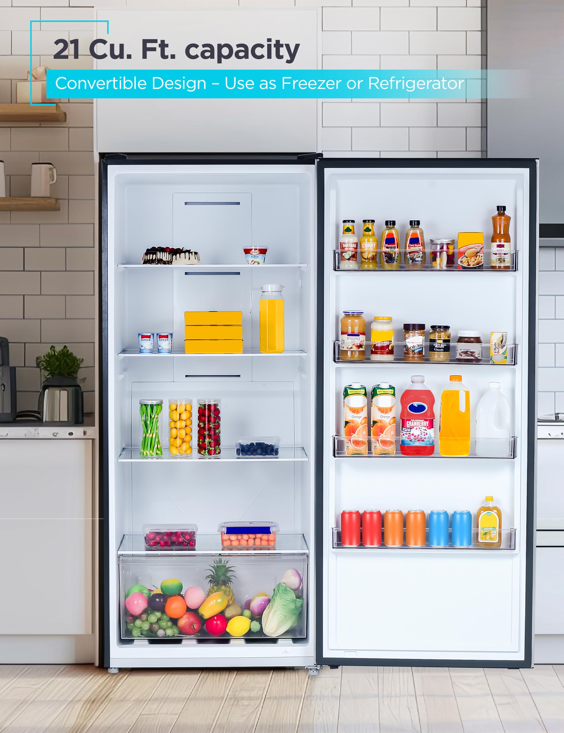 Black+Decker 21 Cu. Ft. Convertible Freezer Refrigerator, Upright Freezer Or All Fridge With Glass Shelves, Reversible Door, R600a Refrigerant, Energy Star Rated, Frost Free, Buc2100js, Stainless Look on Fridge.com - View 2