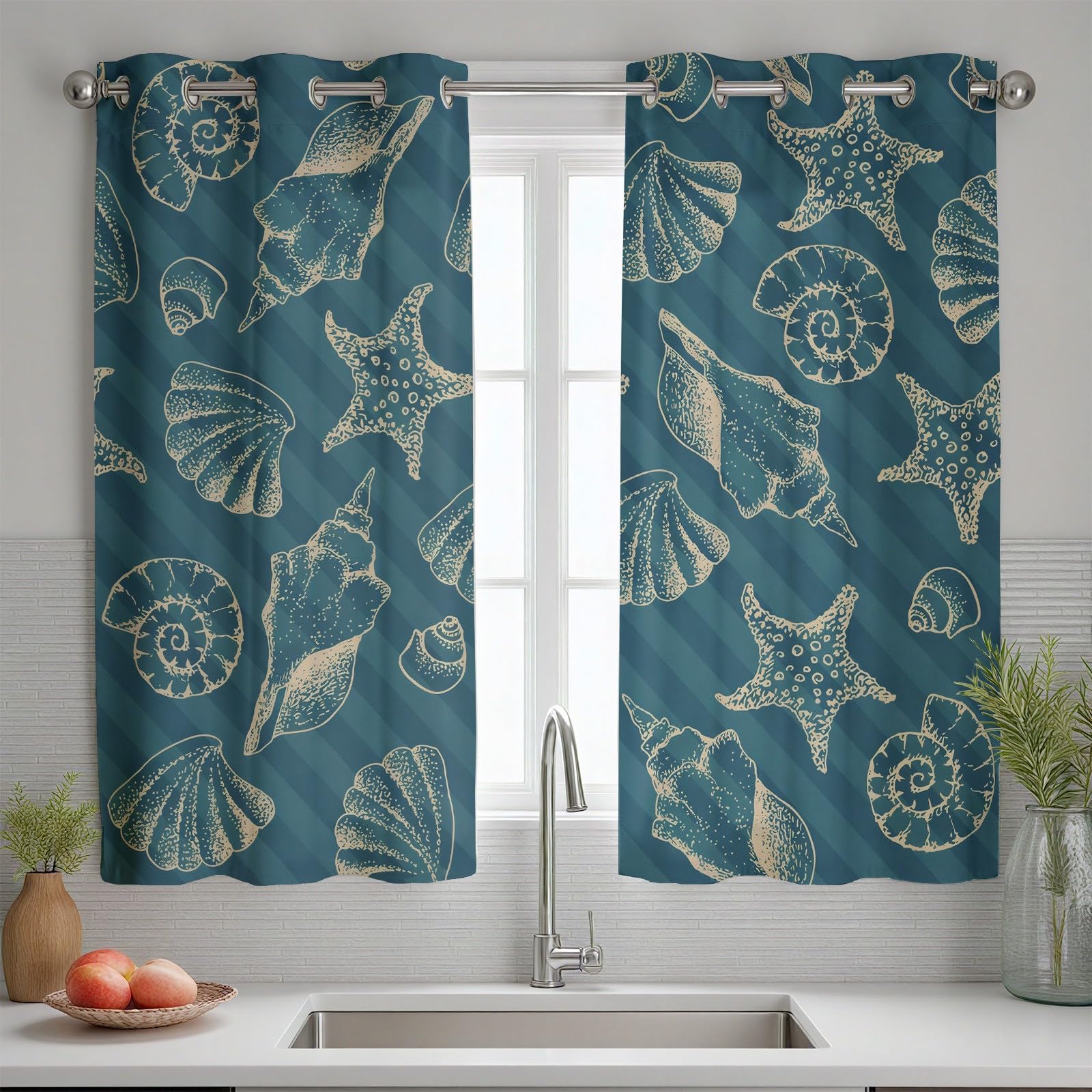 Seestern Muschel Vorhänge, Meer Küste Strand Gardinen Blickdicht, Gestreift Nautische Vorhang mit Ösen, Verdunklungsvorhänge fur Wohnzimmer Schlafzimmer, 2er Set Curtain H175 x B140 cm