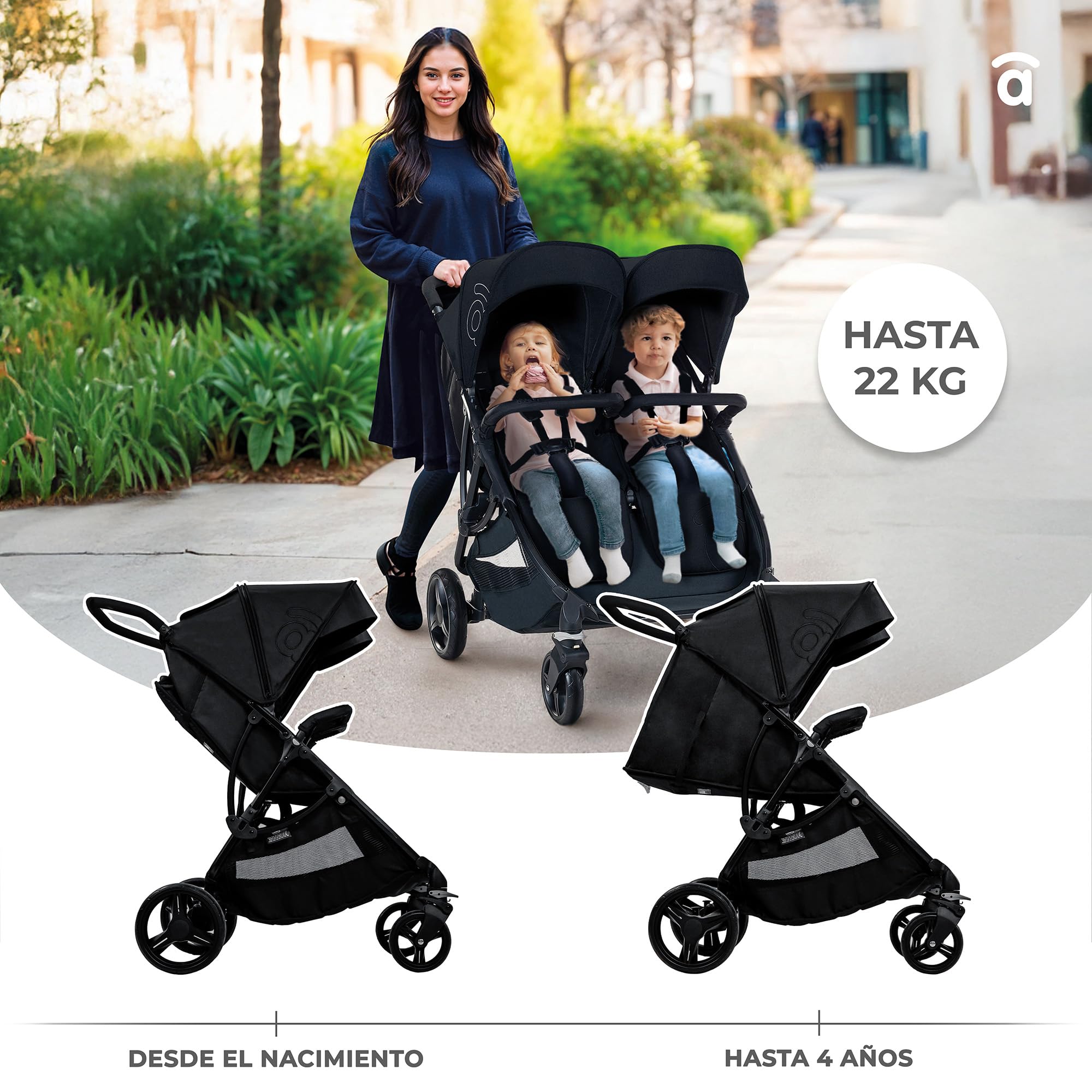 Asalvo DOBLE BRO Silla paseo Gemelar, Carrito Doble, Reclinable y Plegable, Silla para Gemelos y Hermanos, Ligera, Compacta, Desde Nacimiento hasta 22 kg, Carga máx 46,5 kg, Capota con Ventana, Gris